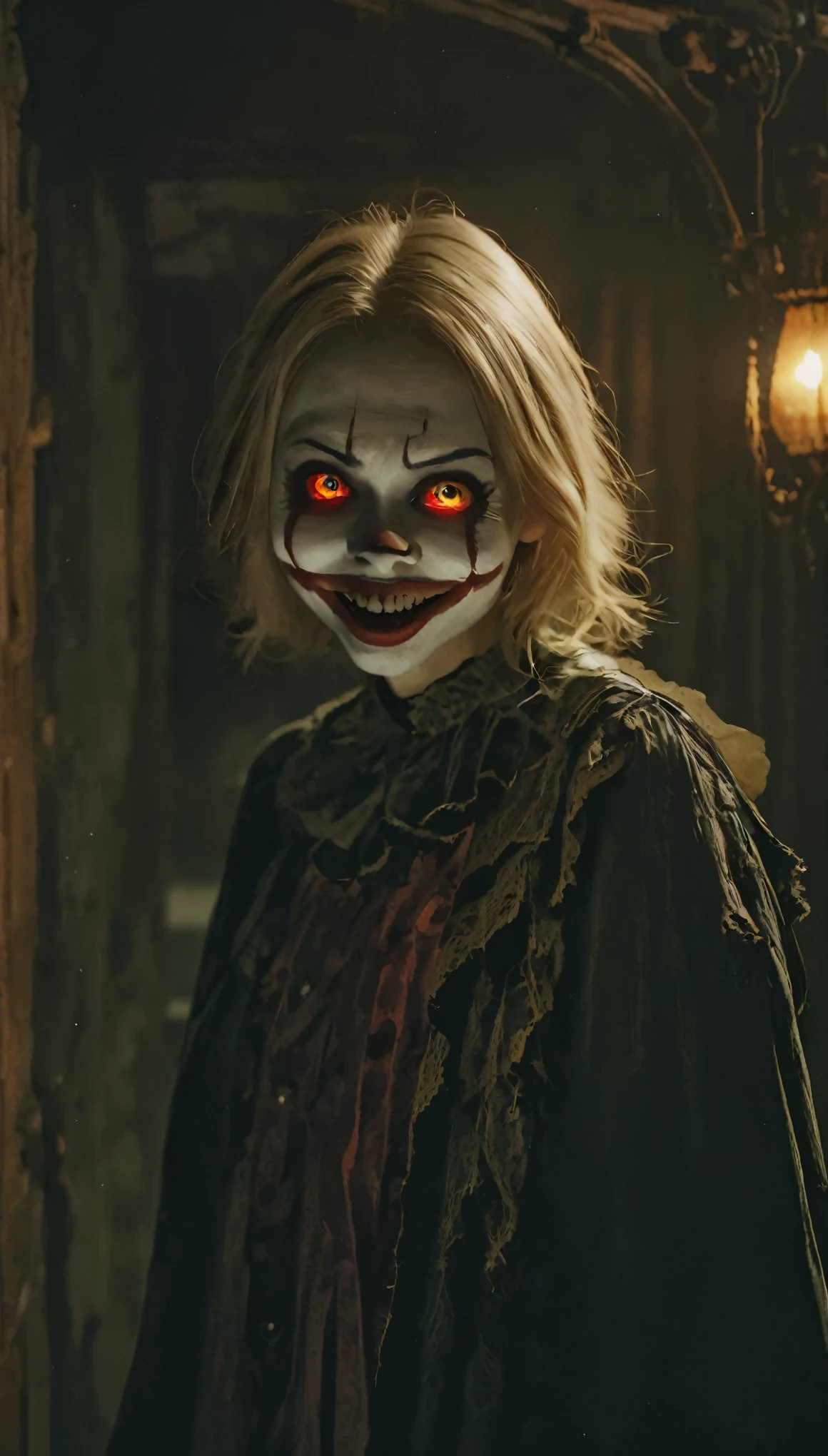 highest quality,Horror,spooky笑顔:0.2,The corners of the mouth are turned up、Beautiful Teeth並び、Beautiful Teeth、sedentary eyes、Red Nose,Detailed face,Scary atmosphere,Dark Background,Dramatic lighting,Sharp focus,an  ominous,evil夢,Scary Clown,scared expressio,emotion,Exposing teeth,Big smile,Red lips,evil,Ghostly,evil夢のような,Concerned,Night view,spooky笑い,Strong gaze,Fearful personality,Distorted face,Threatening,Gothic,Sharp Eye,evil夢のような scenery,spooky,Concerned,Horror movie aesthetic,evil夢 fuel,Ghostlyly beautiful,A terrifying presence,evil夢-inducing,Shadow,spooky雰囲気