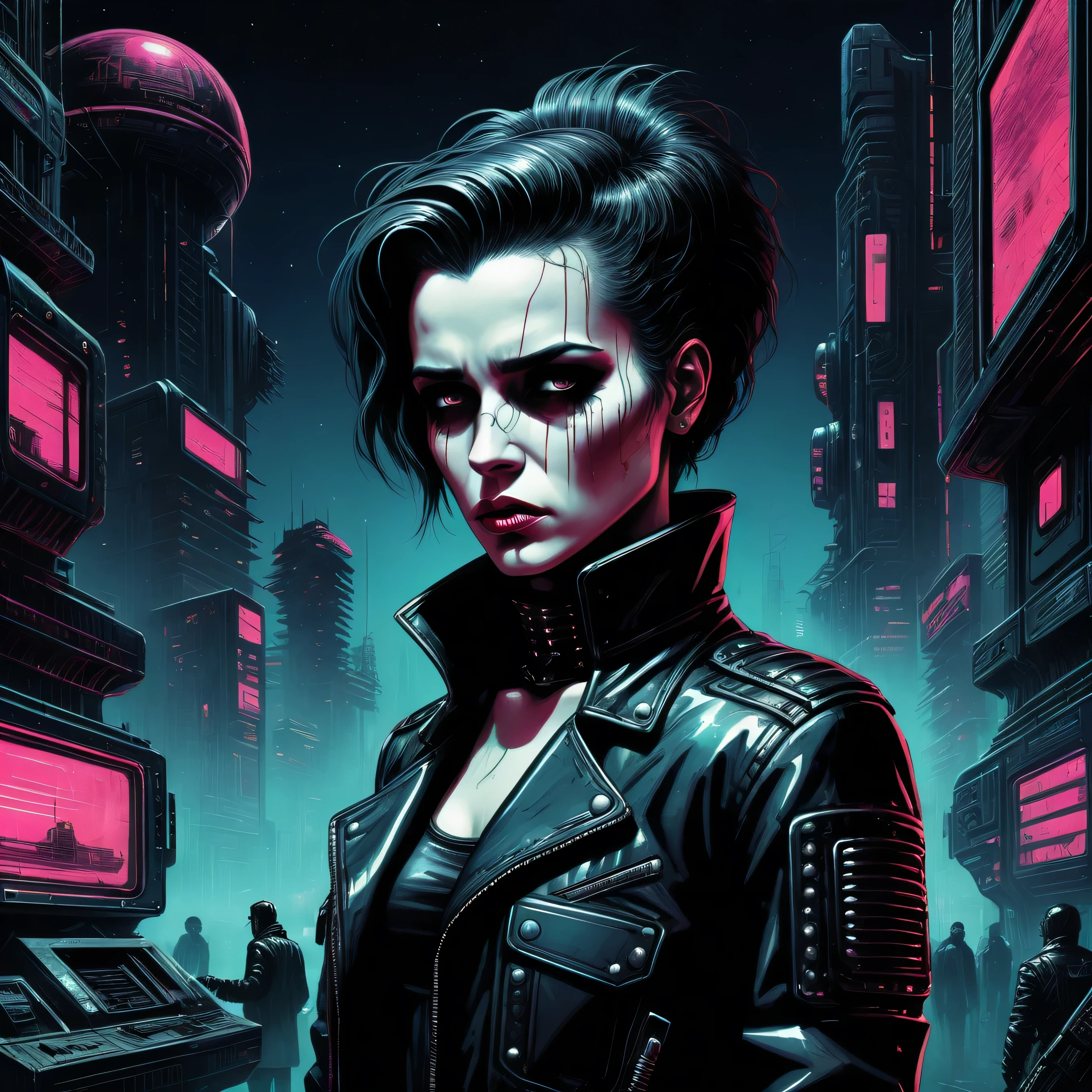 highly detailed, post-punk style illustration, dark and gritty, retro futurism, neo-noir, cyberpunk