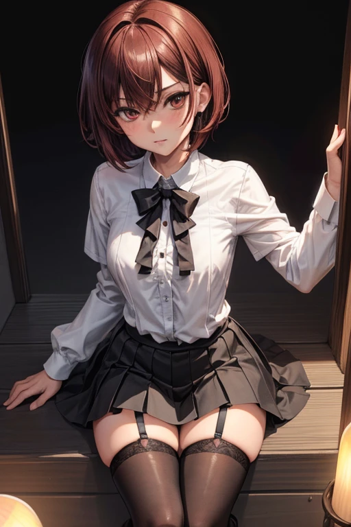8K UHD, Digital SLR, Soft lighting, High quality, ((best quality)) ((best quality)), ((masterpiece)), (detailed), 4k image, anime style, beautiful teenage anime girl, black color A-line pleated skirt, formal shirt, fair caramel brown skin, symmetrical face, plump lips, blood red sanguine eyes, African looks, small breasts, toned thin slender body, small narrow waist, short height, waist length pixie cut hair, sleek dark red hair, hips, phoenix eyes, small nose, European style , white sheer thigh-high stockings, low-top boots