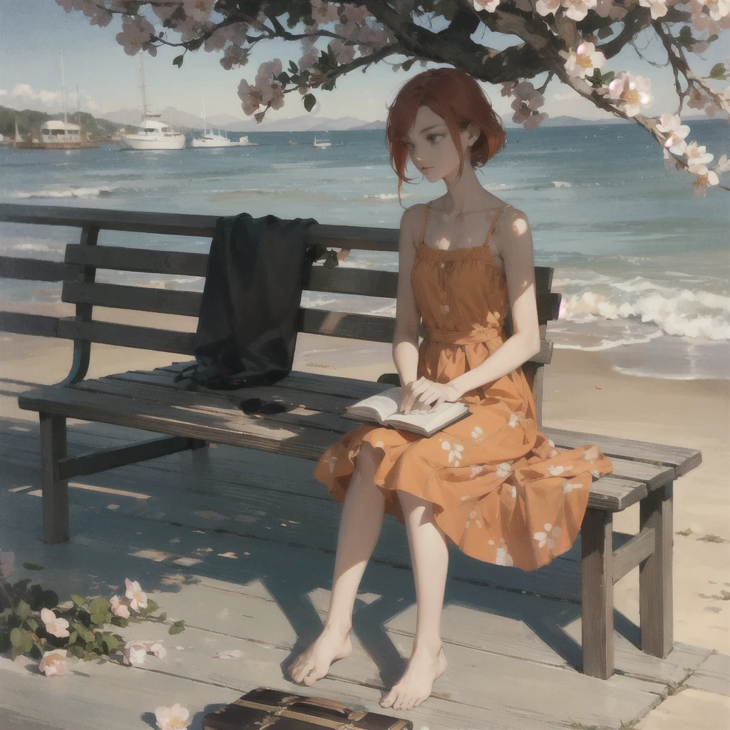 A gentle, slender, thin girl with an exquisite, perfect, very beautiful face of the southern type with large alien eyes with red hair in a light summer orange sundress, barefoot on the pier on benches, reading a book under a flowering tree, there is a small old travel suitcase on the ground nearby, soft amber evening light, warm sun, gentle waves, mint and peach shades