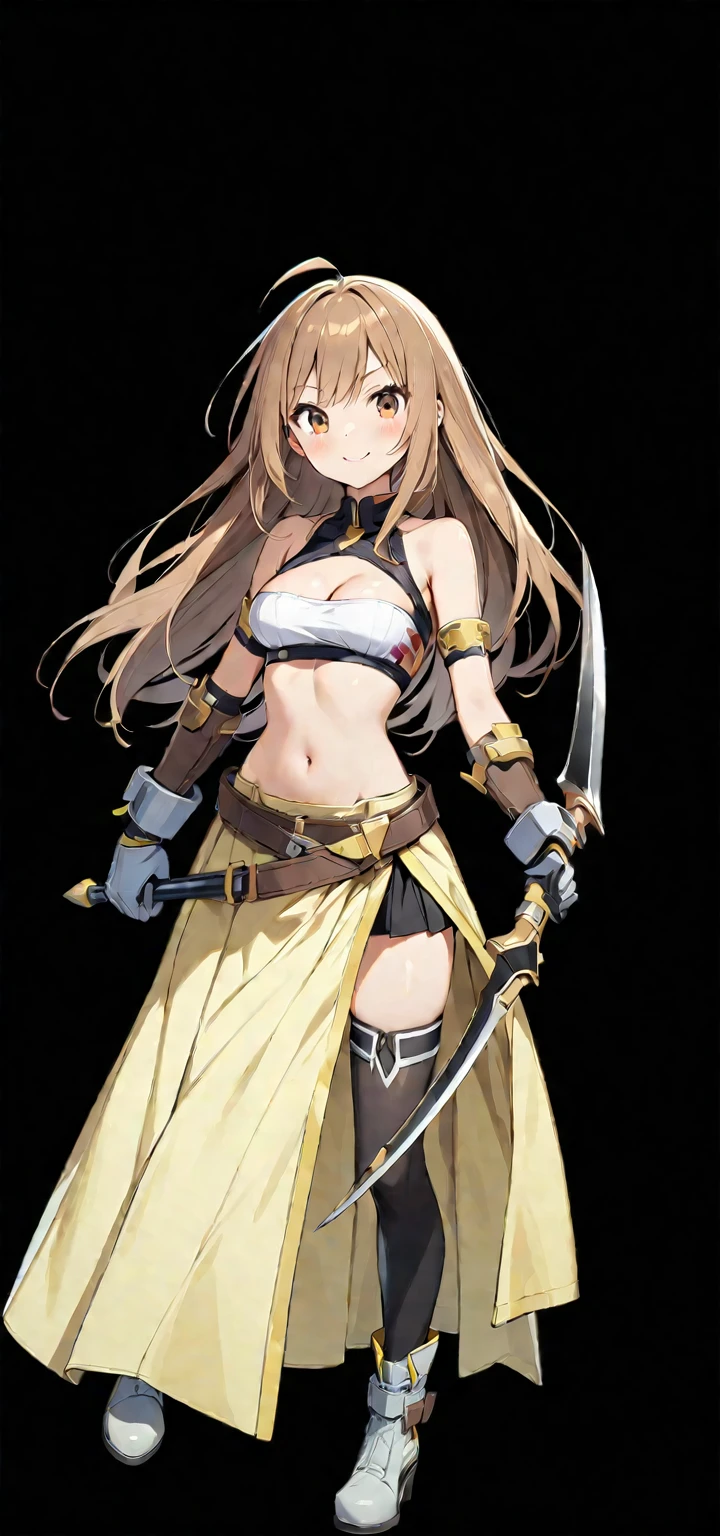 (masutepiece, Best Quality), 1girl, solo, long-hair, weapon, thighhighs, brown-hair, gloves, navel, brown-eyes, smile, breasts, medium-breasts, cleavage, belt, looking-at-viewer, boots, midriff, black-thighhighs, full-body, skirt, ahoge, holding-weapon, blush, holding, bandeau, standing,