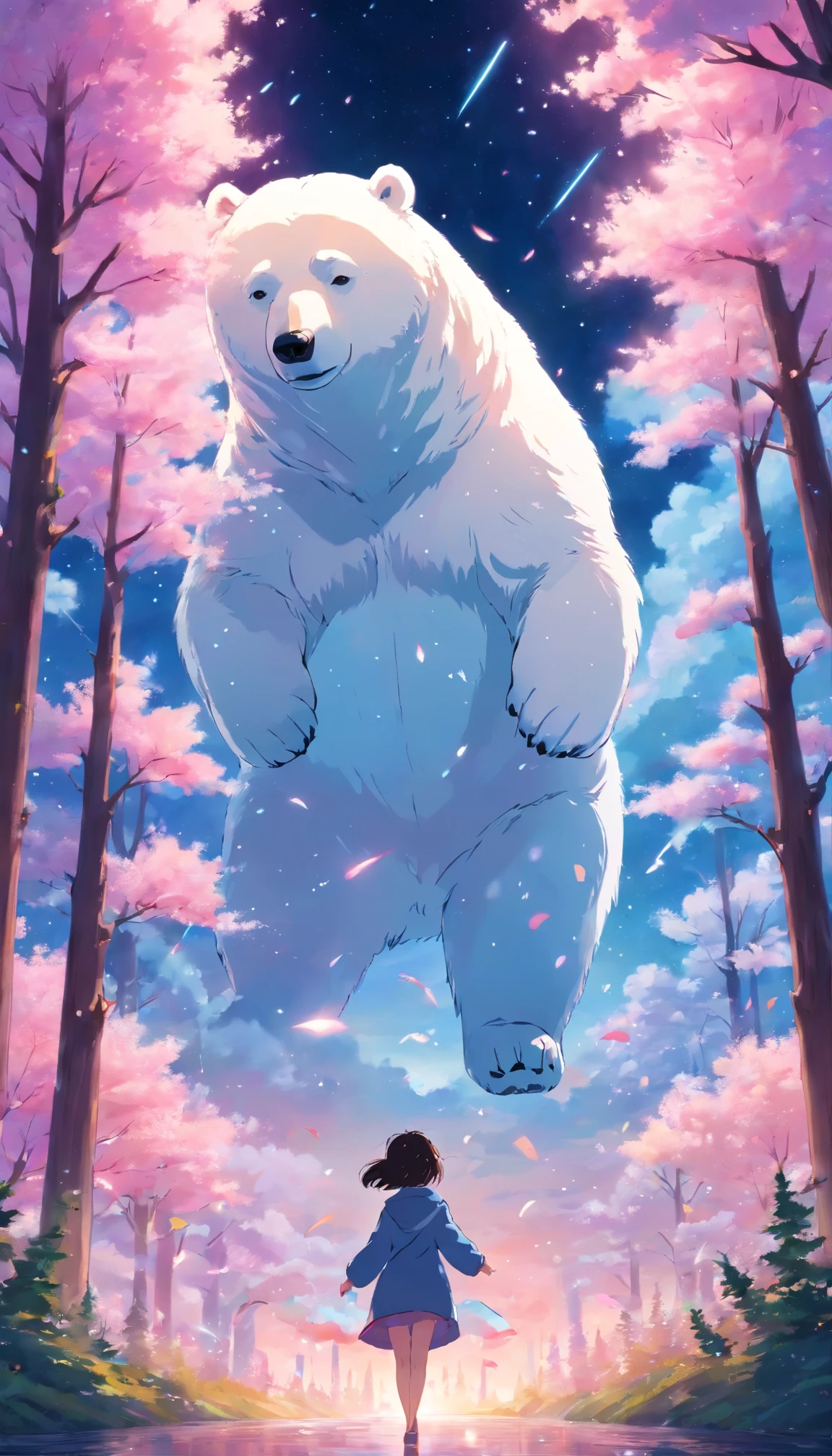 night with many stars surrounded by cotton candy, cotton candy forest,
a polar bear dancing alone, anime style