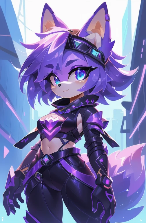 uma imagem de desenho animado de uma mulher com cabelo roxo e uma arma, kda, advanced digital chibi art, commission for high resolution, fanart oficial, arte oficial do personagem, arte inicial do personagem, arte oficial, por Shitao, arte oficial hdr, an anthropomorphic cyberpunk fox, linda garota ciborgue, sonic oc, fanart detalhada, arte do jogo!!, CO Commission
