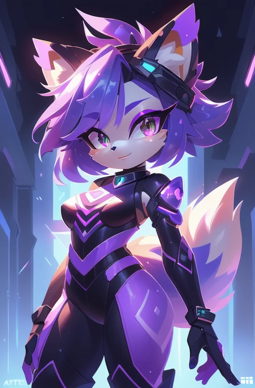 uma imagem de desenho animado de uma mulher com cabelo roxo e uma arma, kda, advanced digital chibi art, commission for high resolution, fanart oficial, arte oficial do personagem, arte inicial do personagem, arte oficial, por Shitao, arte oficial hdr, an anthropomorphic cyberpunk fox, linda garota ciborgue, sonic oc, fanart detalhada, arte do jogo!!, CO Commission