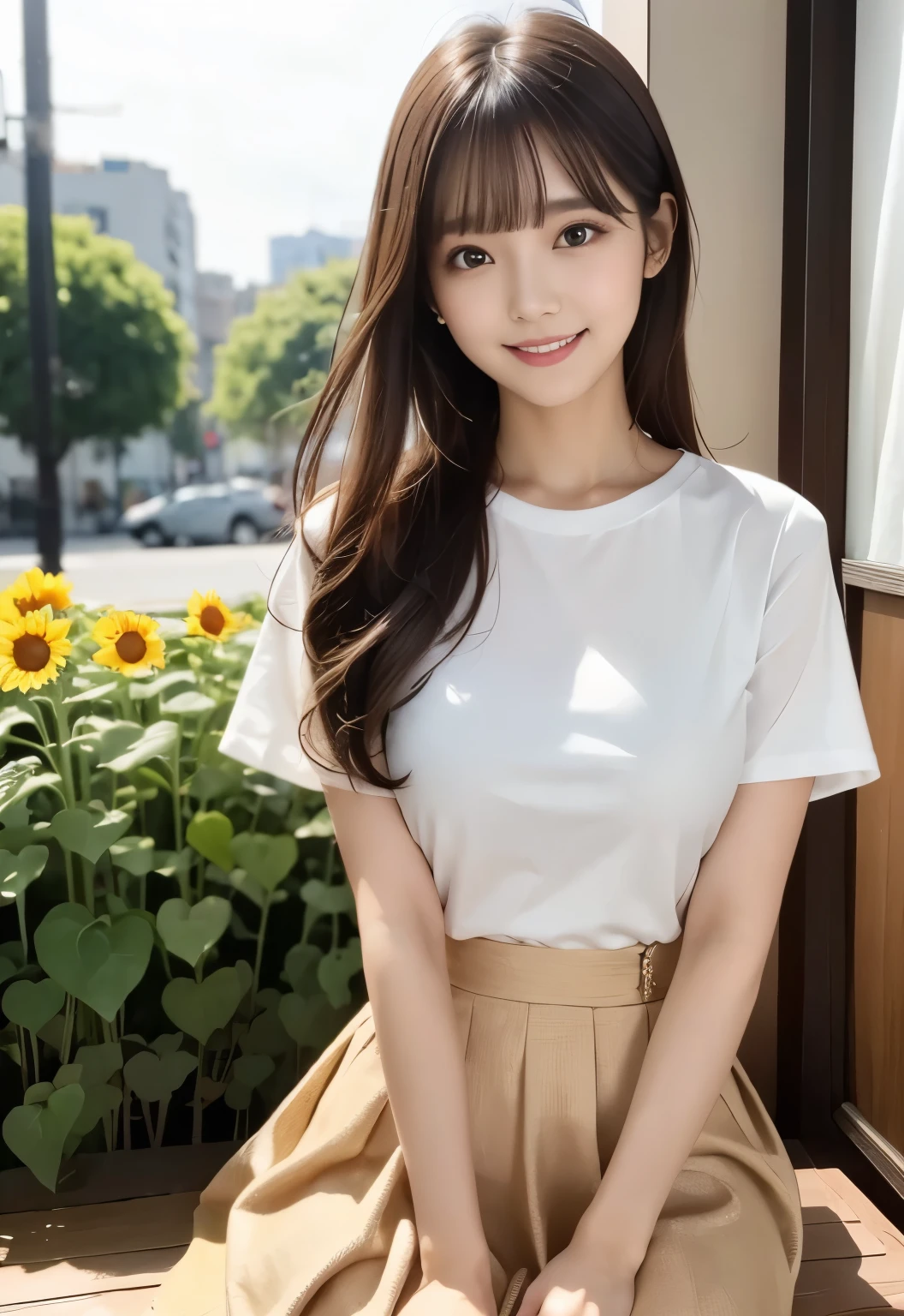 (masterpiece, best quality:1.1), (8k, raw photo, photo realistic:1.2, f22), (shiny skin), detailed skin,long hair,ribbon,detailed face, detailed eyes,smile,BREAK, real world, intricate details, smil, BREAK, 1girl, full body,(sunflower pattern,short sleeves,skirt)BREAK, (sofa,1.4)
