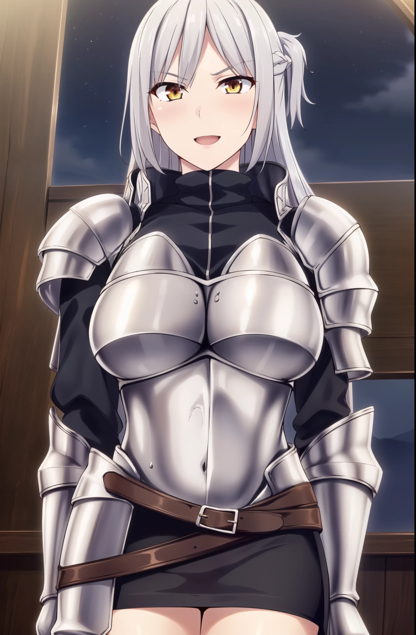 (Night:1.7), Japan, Tokyo, CityView, Before Window,:d,
Standing at attention, gauntlet, greyscale,
black skirt, ,armor,shoulder armor, armored dress, armored boots, 
silver_hair,Long_hair,Bangs,Orange_eyes,braid,
1 girl, 20yo,mature female,Beautiful Finger,Beautiful long legs,Beautiful body,Beautiful Nose,Beautiful character design, perfect eyes, perfect face,
looking at viewer, in the center of the image,
NSFW,official art,extremely detailed CG unity 8k wallpaper, perfect lighting,Colorful, Bright_Front_face_Lighting,
(masterpiece:1.0),(best_quality:1.0), ultra high res,4K,ultra-detailed,
photography, 8K, HDR, highres, absurdres:1.2, Kodak portra 400, film grain, blurry background, bokeh:1.2, lens flare, (vibrant_color:1.2)
(Beautiful,large_Breasts:1.4), (beautiful_face:1.5),(narrow_waist),