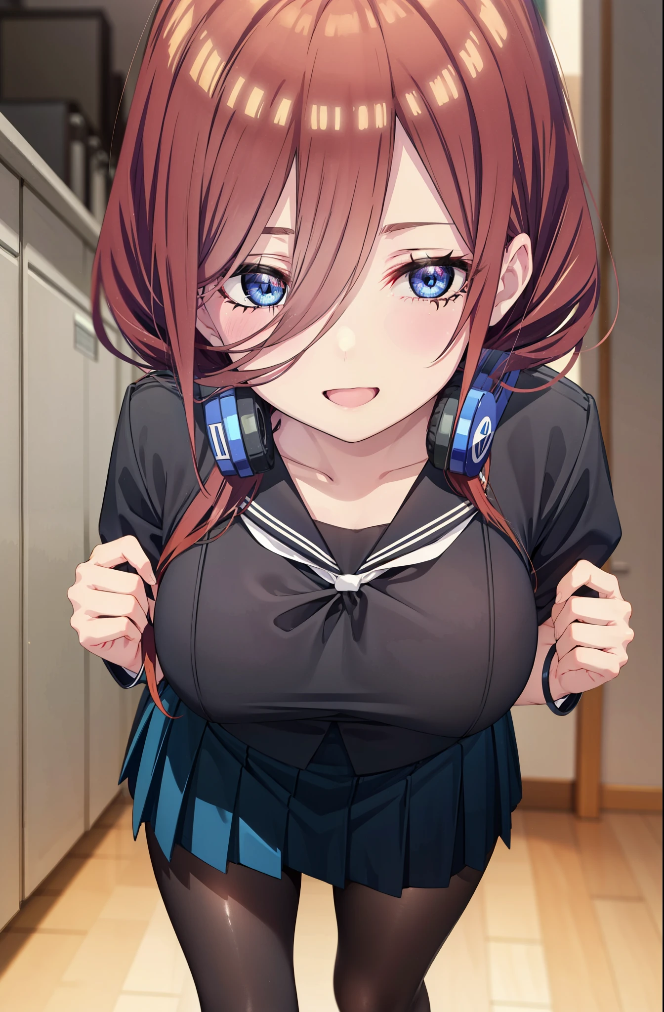 Mikunakano, Miku Nakano, Long Hair, bangs, blue eyes, Brown Hair, shirt, Hair between the eyes, Headphones around neck,smile、happy smile, smile, Open your mouth,Big Breasts,Japanese schoolgirl(Black Sailor Suit),Short sleeve,Black pleated skirt,Black pantyhose,Brown Loafers,Daytime,Clear skies,whole bodyがイラストに入るように,Looking down from above,
break indoors, School,Big Breasts,
break looking at viewer, whole body,
break (masterpiece:1.2), highest quality, High resolution, unity 8k wallpaper, (shape:0.8), (Beautiful details:1.6), Highly detailed face, Perfect lighting, Extremely detailed CG, (Perfect hands, Perfect ???????),