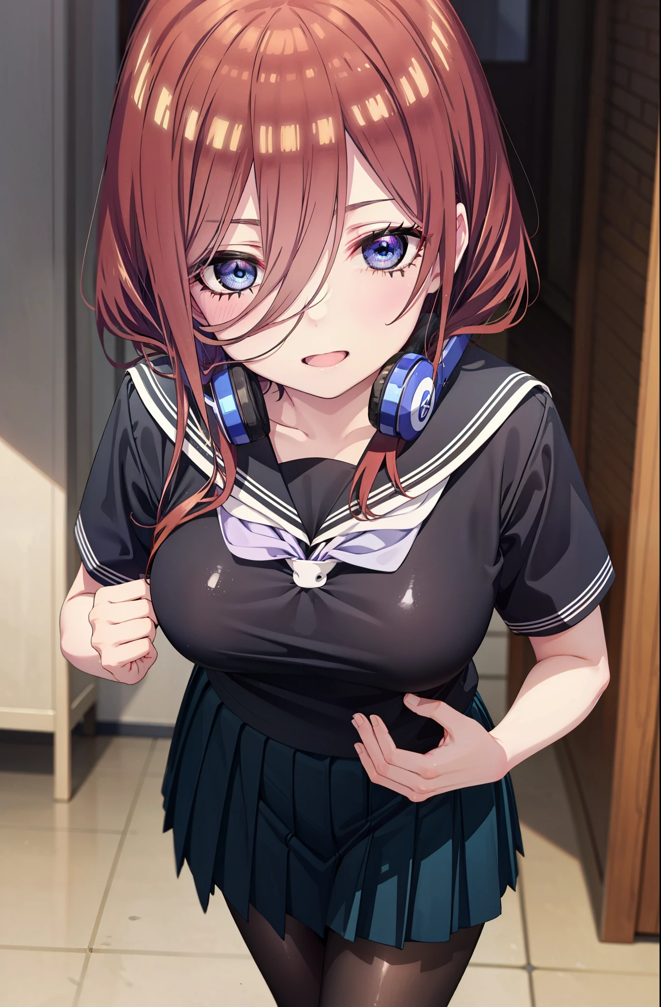 Mikunakano, Miku Nakano, Long Hair, bangs, blue eyes, Brown Hair, shirt, Hair between the eyes, Headphones around the neck,smile、happy smile, smile, Open your mouth,Big Breasts,Japanese schoolgirl(Red Sailor Suit),Short sleeve,Black pleated skirt,Black Pantyhose,Brown Loafers,Daytime,sunny,whole bodyがイラストに入るように,Looking down from above,
break indoors, School,Big Breasts,
break looking at viewer, whole body,
break (masterpiece:1.2), highest quality, High resolution, unity 8k wallpaper, (shape:0.8), (Beautiful details:1.6), Highly detailed face, Perfect lighting, Highly detailed CG, (Perfect hands, Perfect Anatomy),