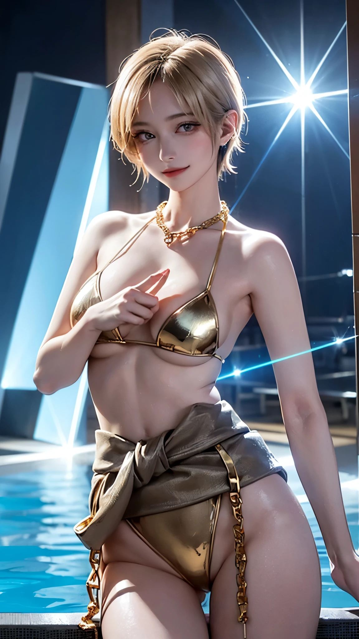 (masterpiece, highest quality, highest quality, Official Art, beautifully、aesthetic:1.2, Cinema Lighting、Key light at 45 degrees from the front, Subsidy light、Soft Backlight), Realistic depiction、photograph、Realistic portrayal、super real、RAW quality、
Beautiful face、Perfect round ass、the body is slim、(Accurate and detailed human body:1.5), Fit and body、Pale skin、Shiny, Bright Eyes、length eyelashes、
1 girl、alone、
accurate to the human body、Correct five-finger、Perfect human body、Knowledgeable person、Highly detailed face and skin texture、Natural neck length、(beautiful Hands)、beautiful, length, Thin legs、straighten both legs、Stretch out your arms、
Perfect human body、Accurate human body、A perfect and accurate left hand、A perfect and accurate right hand、Perfect and precise fingers、
,Earrings,Big cleavage、
slim, (kind, Goddess-like eyes, happiness: 1.2), (Lip gloss, eyelash, Terrible face, highest quality, Ultra-high resolution, Wide Lighting, Natural Shading), Absolute area、
((Gold body chain around the waist、iron chain Bikini:1.5))
Detailed Background、
Background Blur、Detailed and beautiful background
((Blue light、Laser beam、Mirror ball light:1.5)),
((Random hand gestures)),
(Blonde pixie short hair:1.3)、
Accurate 5-finger、Accurate human body、The perfect human body、
(((MEGA Big Breasts))),Bold Pose、Sexy、Sensually、Ecstatic Face、To be spoiled and fawning、Wide legged、(Sensual ecstatic smile:1.5)、(((Neon-lit nightclub、night:1.5, night pool、night pool party:1.5)),
Safety Sensors、