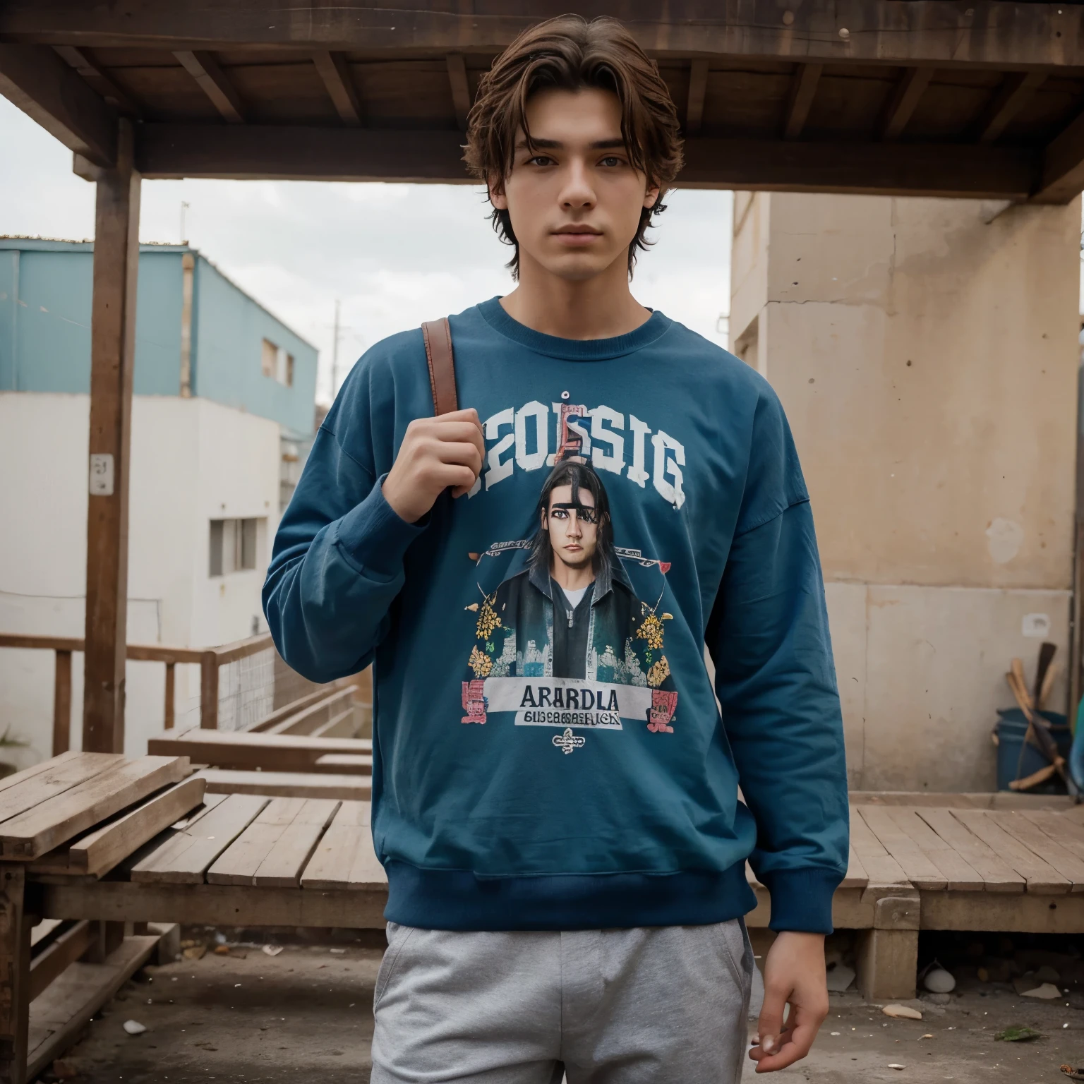 20 year old boy, con cabello largo peinado en estilo de libro, cansado, con ojeras debajo de sus ojos, ojos azules, usa tenis azules con hebillas doradas, con pantalones de mezclilla azules, y una sudadera con capucha gris que dice 'I love chaos' mientras la frase es rodeada por 7 esmeraldas de color amarillo, morado, azul, cian, rojo, verde, y plateado, respectivamente