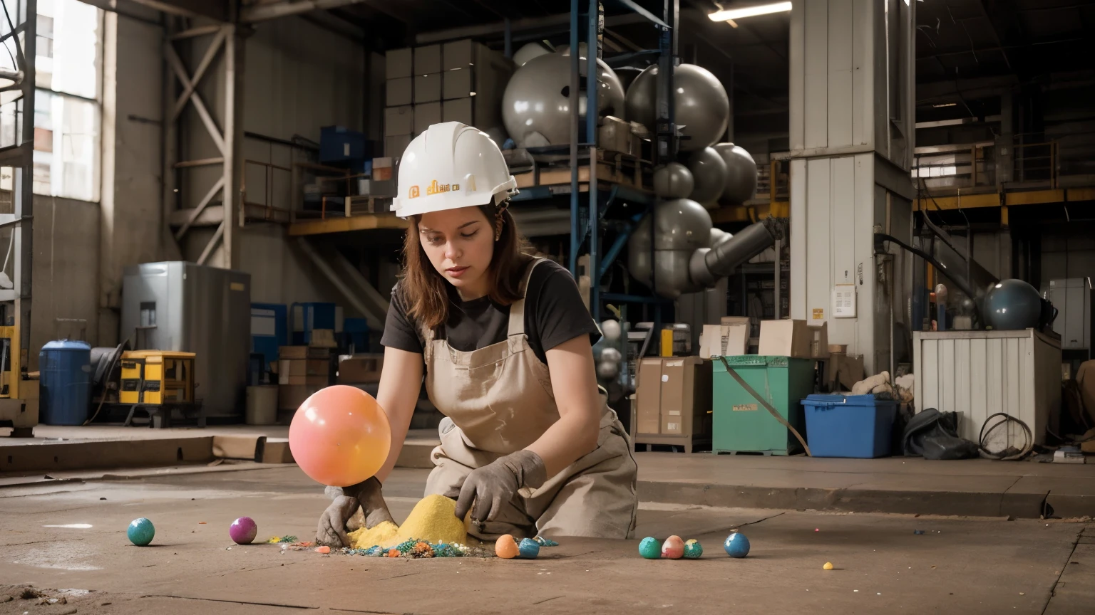 Create the image of a vibrant factory setting where workers sort colorful materials. The factory should have an industrial environment with machines and equipment in the background. In the center of the image, there should be a large machine pouring VARIOUS bright colored liquids into a circular arrangement of compartments, each filled with colored powders. The spheres should be organized by color, creating a rainbow effect around the machine. Workers in the background of the image wearing hard hats and gloves tend to the spheres, ensuring they are properly sorted. The atmosphere must be dynamic, showing the color classification and production process, image in 16:9 format