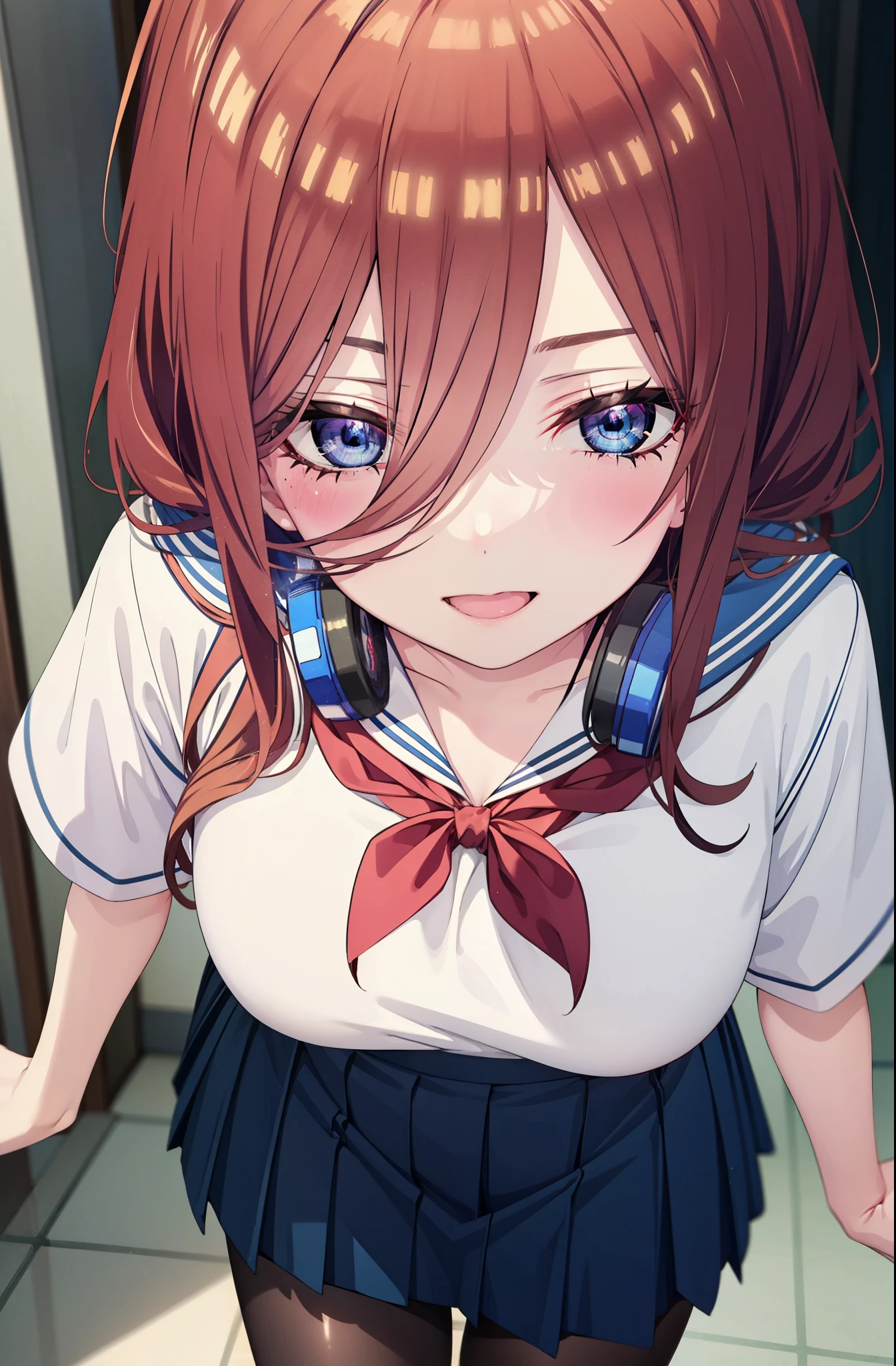 Mikunakano, Miku Nakano, Long Hair, bangs, blue eyes, Brown Hair, shirt, Hair between the eyes, Headphones around neck,smile、happy smile, smile, Open your mouth,Big Breasts,Japanese schoolgirl(Sailor suit),Short sleeve,Black pleated skirt,Black pantyhose,Brown Loafers,Daytime,Clear skies,whole bodyがイラストに入るように,Looking down from above,
break indoors, School,Big Breasts,
break looking at viewer, whole body,
break (masterpiece:1.2), highest quality, High resolution, unity 8k wallpaper, (shape:0.8), (Beautiful details:1.6), Highly detailed face, Perfect lighting, Extremely detailed CG, (Perfect hands, Perfect Anatomy),