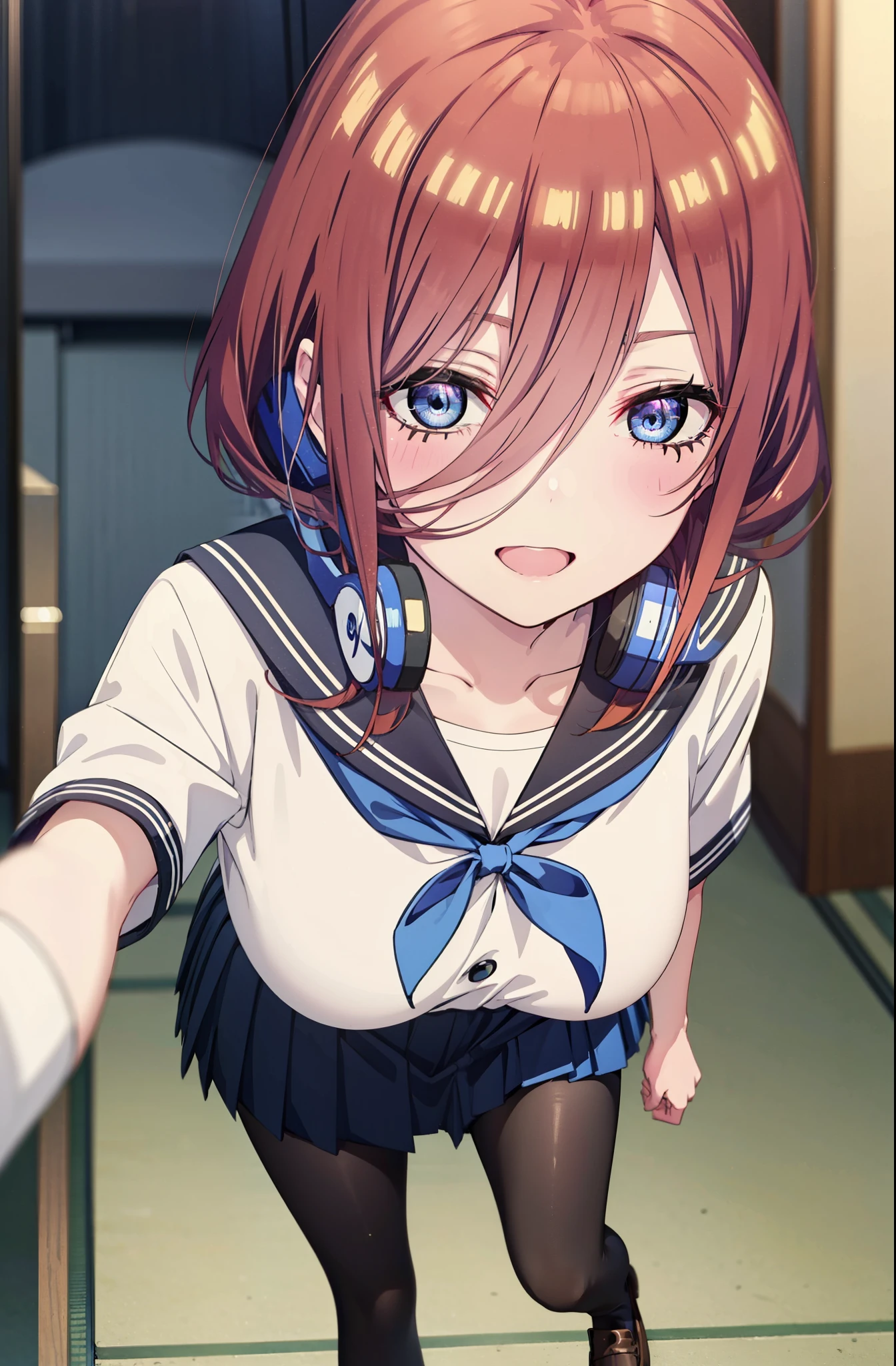 Mikunakano, Miku Nakano, Long Hair, bangs, blue eyes, Brown Hair, shirt, Hair between the eyes, Headphones around neck,smile、happy smile, smile, Open your mouth,Big Breasts,Japanese schoolgirl(Sailor suit),Short sleeve,Black pleated skirt,Black pantyhose,Brown Loafers,Daytime,Clear skies,whole bodyがイラストに入るように,Looking down from above,
break indoors, School,Big Breasts,
break looking at viewer, whole body,
break (masterpiece:1.2), highest quality, High resolution, unity 8k wallpaper, (shape:0.8), (Beautiful details:1.6), Highly detailed face, Perfect lighting, Extremely detailed CG, (Perfect hands, Perfect Anatomy),