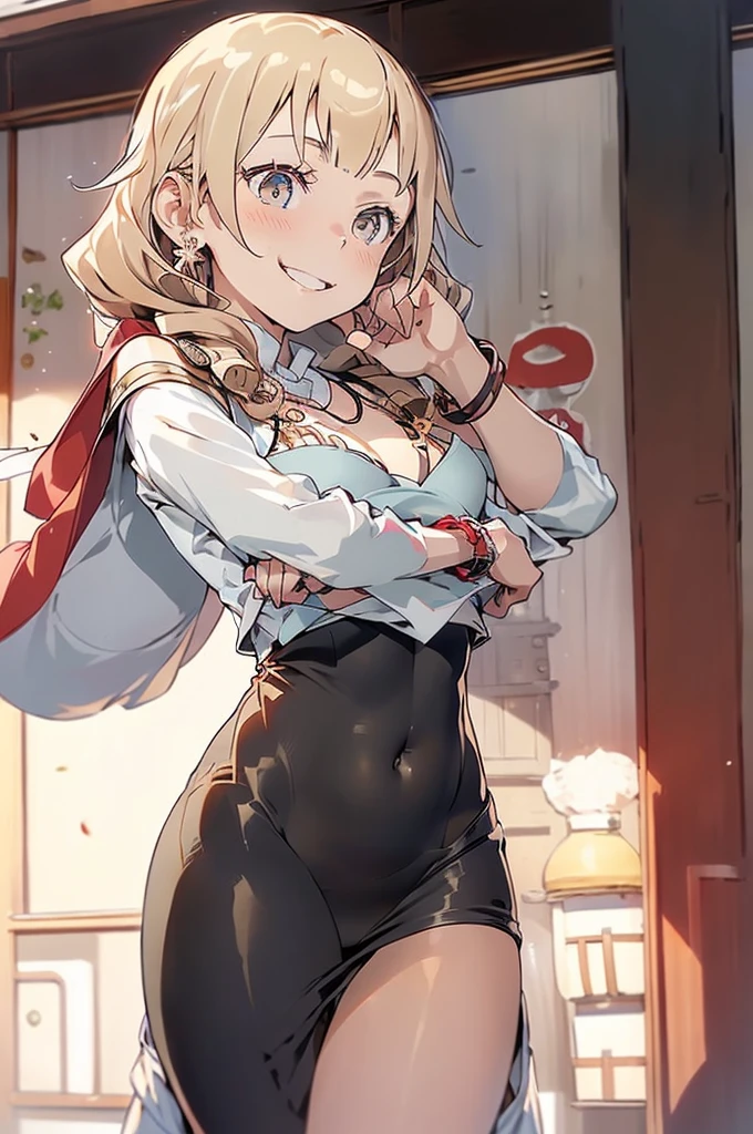 (from below:1.2),(from side:0.9), ((Face)), (Close-Up:0.4), (RAW photo:1.2), delicate and beautiful, wonderful, Fine detail, official art, huge file size, Ultra-detailed, very detailed girl, very detailed eyes and face, Bright on the face、Photorealistic perfect body、Ultra-high image quality、Ultra-high realistic image quality,(with sparkling eyes and a contagious smile),(her thin pubic hair:1.4),(Japan Gal:1.3)、(age face:0.8)、(Military uniform,)、(twin)、(medium-breasted:1.2)、(cleavage of the breast:1.0)、(Gravure Pose:1.4)、(Cowboy Shot、Thigh up:1.0)、Waist slender、(bangss)、(platina bronde hair color:1.1)、(voluminous curly hair:0.3)、(long hair:1.2)、(good lighting)、A smile、Gal Style Makeup、Gal style earrings、Gal style bracelet、(Gal style long necklace),happy smile, smiling,((Very happy smile))、Show shoulders、Complex patterns and transparent materials、Artistic depiction of seductive women, Emphasizes her charming silhouette,famous cafe background in italian,open mouth, looking at viewer,