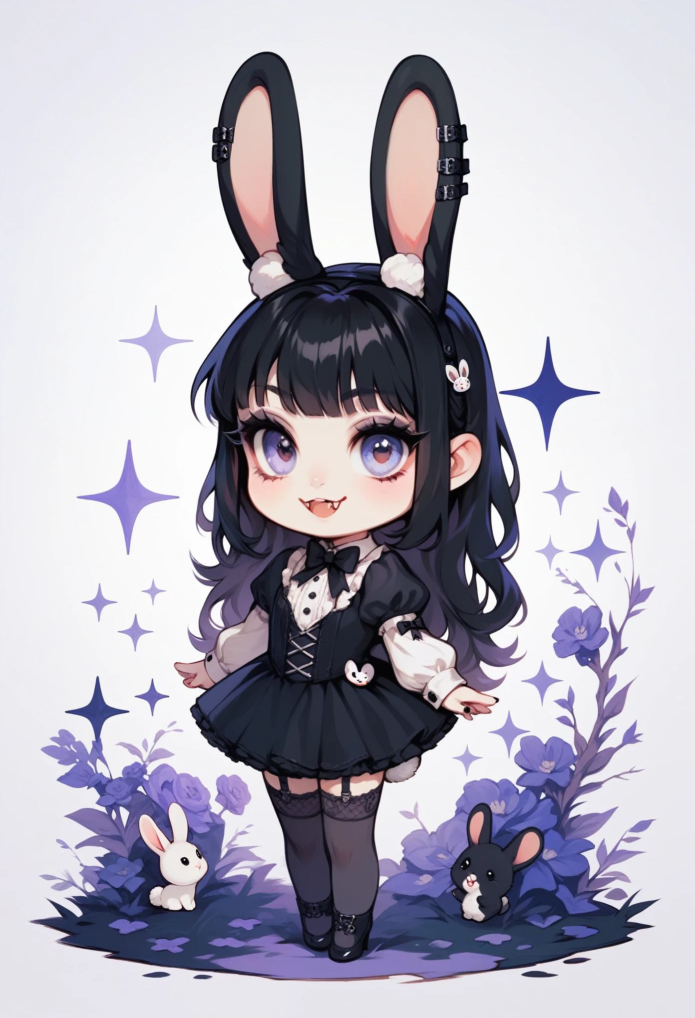 score_9, score_8_up, score_7_up, chibi , rabbit ears tail , cute , long hair , gothic , realistrc , light smile , fangs , stockings , *** girl , eye lashes , masterpiece , stand back , full body ,