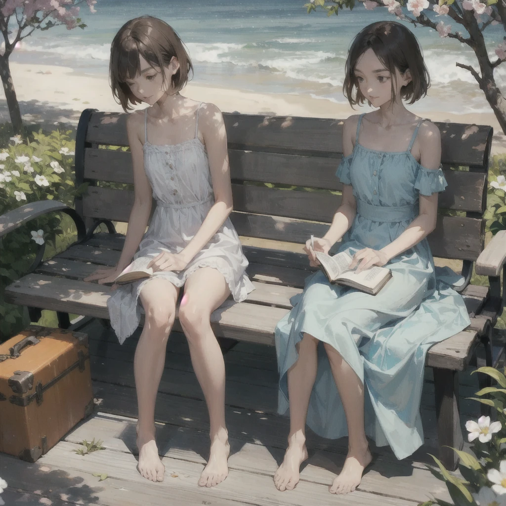 Exquisite (slim (skinny)) Girl 16 years old (with a perfect, very beautiful gentle face and almond-shaped eyes) (with a southern skin tone and soft lips) (with short amber hair) (with freckles) (in a light summer green sundress) ((barefoot)) (on the pier on a bench) (Reading a book) (Under a flowering tree), (there is a small old travel suitcase on the ground nearby), soft amber evening light, warm sun, gentle waves, mint and peach shades; draw ((in watercolor style)); ((very beautiful exquisite face)); (high image quality, high detail), ((discreet faded shades, pale expressionless colors, imitation of film photography, diffused soft light)); ((big alien eyes), skinny); ((delicate shades)), ((beautiful exquisite feet))