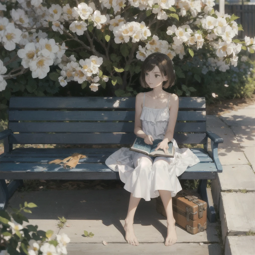A gentle, slender, thin girl with an exquisite, perfect, very beautiful face of the southern type with large alien eyes with short brown hair in a light summer blue sundress, barefoot on the pier on benches, reading a book under a flowering tree, there is a small old travel suitcase on the ground nearby, soft amber evening light, warm sun, gentle waves, mint and peach shades
