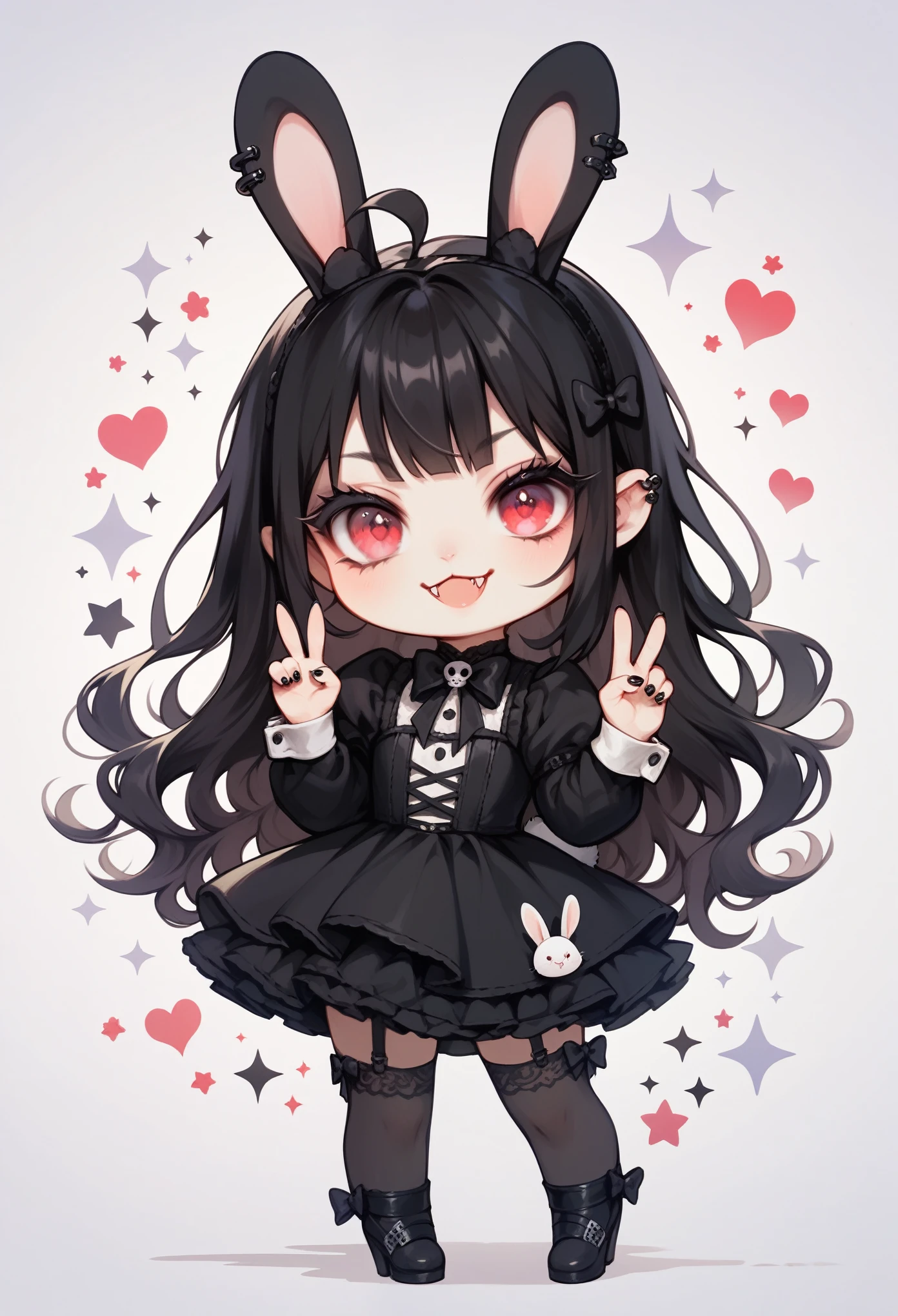 score_9, score_8_up, score_7_up, chibi , rabbit ears tail , cute , long hair , gothic , realistrc , light smile , fangs , stockings , 8yo girl , eye lashes , masterpiece , stand back , full body ,