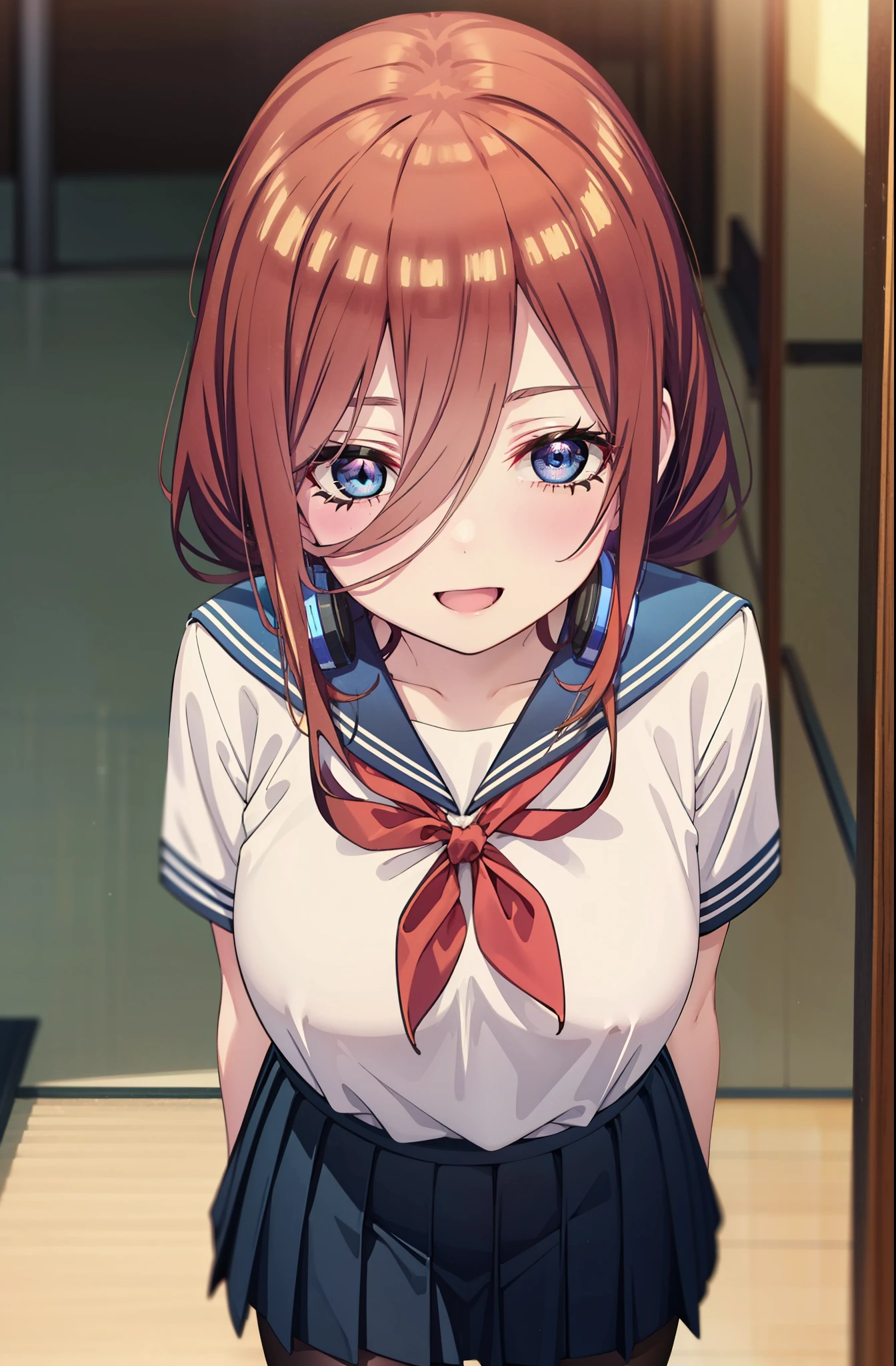 Mikunakano, Miku Nakano, Long Hair, bangs, blue eyes, Brown Hair, shirt, Hair between the eyes, Headphones around neck,smile、happy smile, smile, Open your mouth,Big Breasts,Japanese schoolgirl(Sailor suit),Short sleeve,Black pleated skirt,Black pantyhose,Brown Loafers,Daytime,Clear skies,whole bodyがイラストに入るように,Looking down from above,
break indoors, School,Big Breasts,
break looking at viewer, whole body,
break (masterpiece:1.2), highest quality, High resolution, unity 8k wallpaper, (shape:0.8), (Beautiful details:1.6), Highly detailed face, Perfect lighting, Extremely detailed CG, (Perfect hands, Perfect Anatomy),