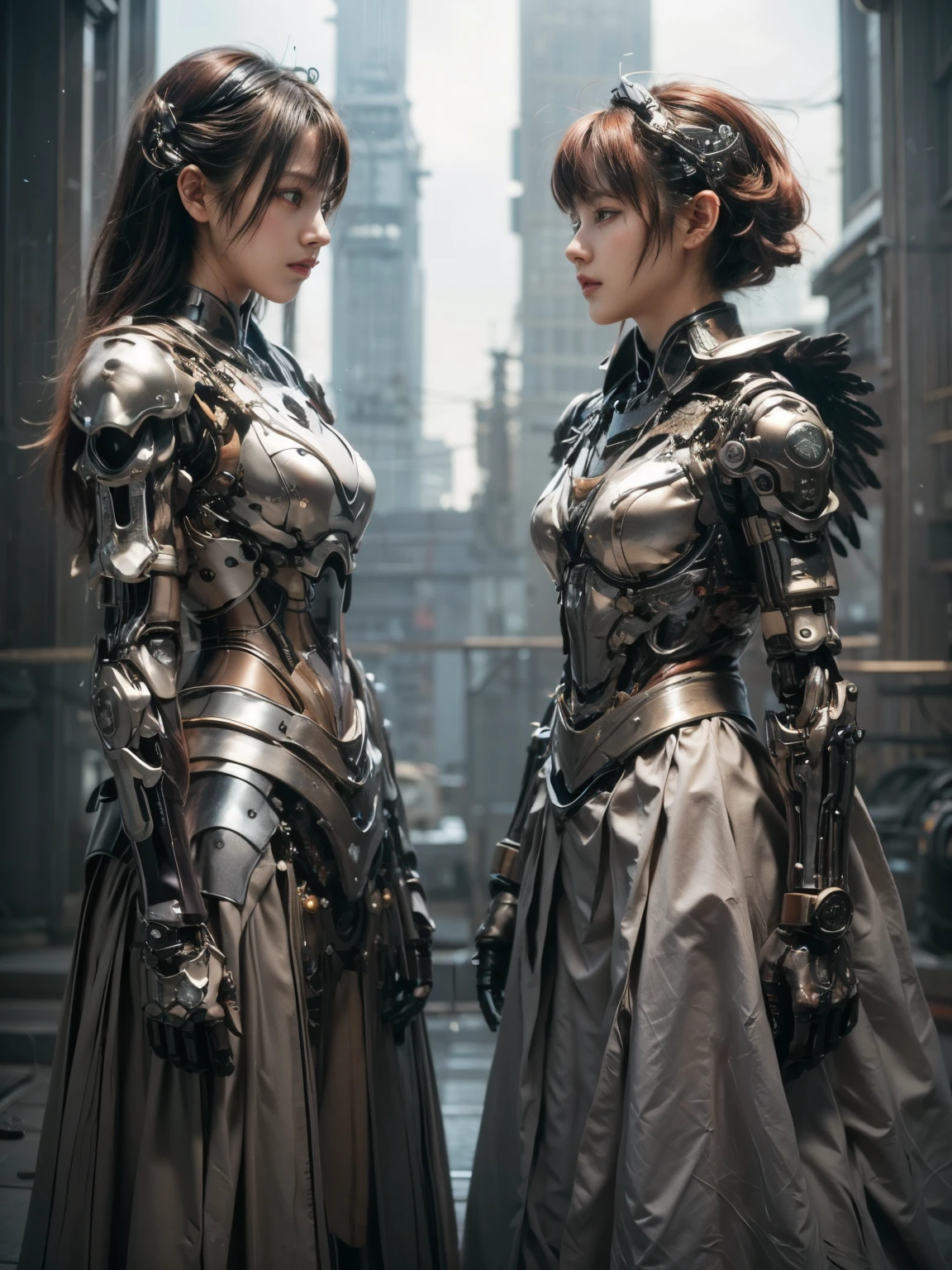 (top-quality:1.2, masterpiece)、ultra high resolution、extremely ultra surrealism, (Photorealsitic:1.4)、Raw photo、(Steampunk Battle Cyborg fallen angel)、(large mechanical bat wings)、black porcelain body、red hair、glowy skin、1 Cyborg girl、(mechanical frame:1.3)japanese, extremely cute face, ((super realistic details))、portrait、globalillumination、Shadow、octan render、8K、ultrasharp、character edge light、Details of complex ornaments、Acrylic Clear Cover、Sumerian details、Hydraulic cylinder、Small LED lamp、highly intricate detail、Realistic light、a purple eye、radiant eyes、Facing the camera、neon details、cowboy shot、Futuristic headgear、About Cyberpunk