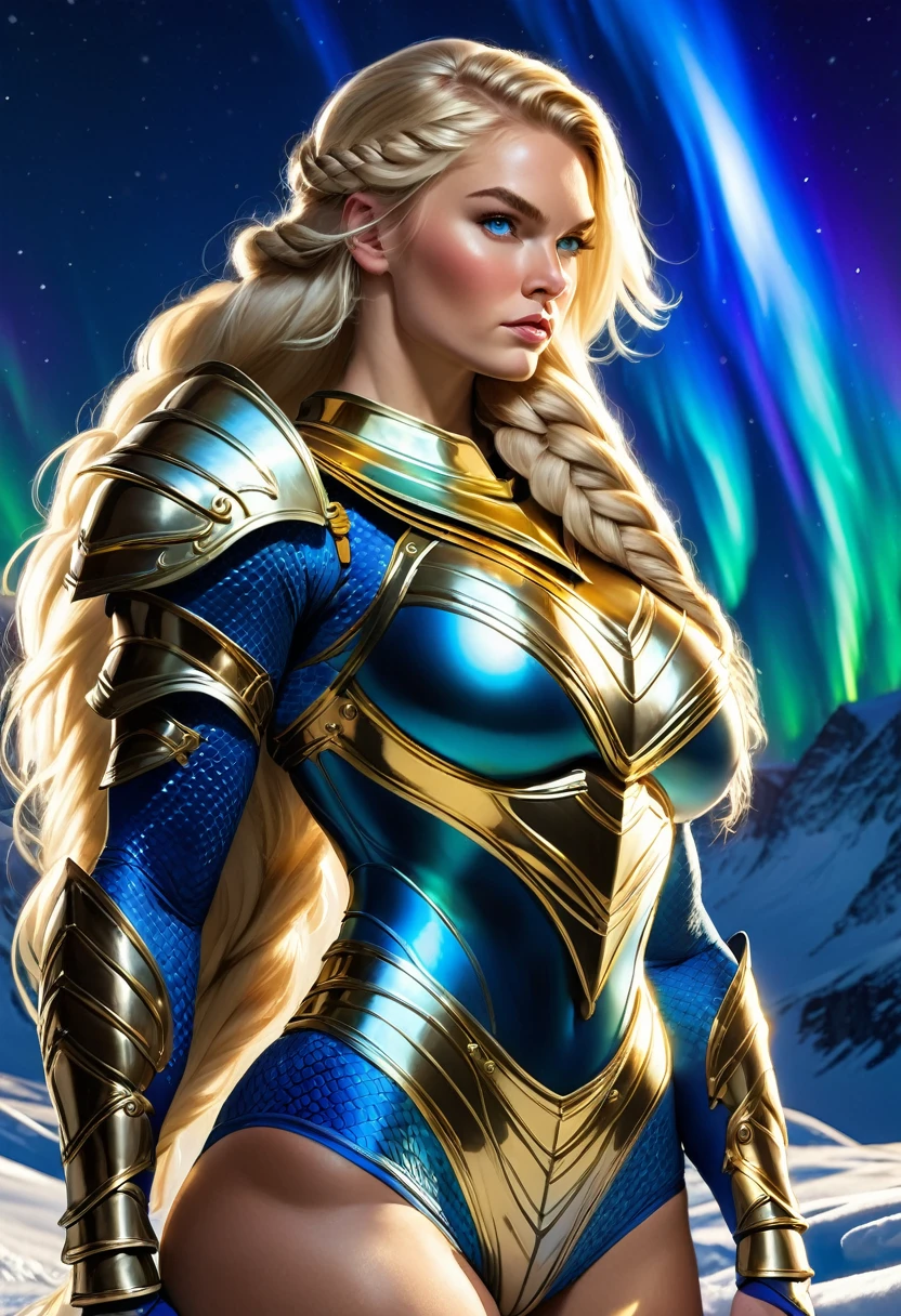 BOMBSHELL BLONDE WOMAN, aged 25, WARRIOR FEMALE, PELE SKIN BLUE EYES, HUGE LONG HAIR, DOUBLE BRAID HAIR, LEOTARD ARMOUR, LONG SLEEVES, GOLD ARMOUR, BLUE UNDER BODYSUIT, NECK BODYSUIT, GOLD GAUNTLETS, ATHLETIC CURVY BODY, colossal big full round breasts, TIGHS EXPOSED, QUADRICEPS, MUSCLES, EXPOSED BUTTOCKS, SIDE BODY VIEW, NORTHERN LIGHTS, NORTH POLE, SNOW, NIGHT SKY, ACCURATE IMAGE, MASTERPIECE.