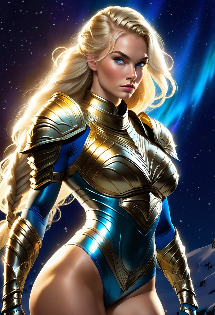 BOMBSHELL BLONDE WOMAN, aged 25, WARRIOR FEMALE, PELE SKIN BLUE EYES, HUGE LONG HAIR, DOUBLE BRAID HAIR, LEOTARD ARMOUR, LONG SLEEVES, GOLD ARMOUR, BLUE UNDER BODYSUIT, NECK BODYSUIT, GOLD GAUNTLETS, ATHLETIC CURVY BODY, colossal big full round breasts, TIGHS EXPOSED, QUADRICEPS, MUSCLES, EXPOSED BUTTOCKS, SIDE BODY VIEW, NORTHERN LIGHTS, NORTH POLE, SNOW, NIGHT SKY, ACCURATE IMAGE, MASTERPIECE.
