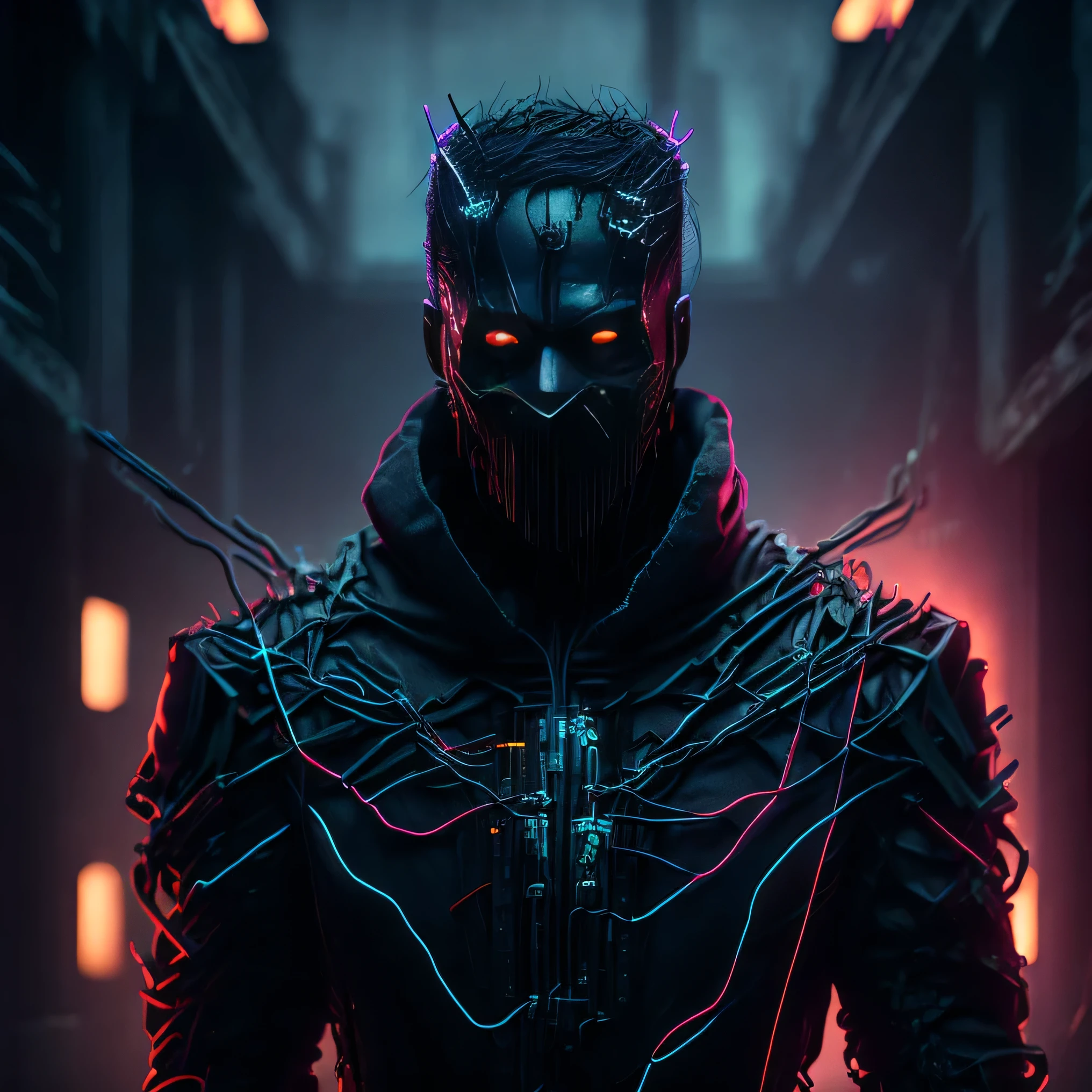 Gloomy portrait of Grim made of black ripper thick electric wires from Marvel with intricate angular cybernetic implants inside a brutalist, Gothic abounded hospital, cyberpunk, award-winning photo, bokeh, neon sign lights, cybernetic limb