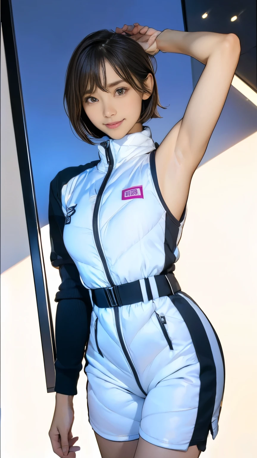 Actual,best Actual quality:1.1),(photo shoot:1.1),(High resolution), (Highly detailed and Actual face),Half Body,(Actual human skin),(everyone),(White skin of a ,Light brown short bob, Wear a sexy tight astronaut suit,) A room in the space station, ((15-year-oldirlung Se, slim, Narrow waist, Thin thighs, Thin arms)), ((Raise your arms, Please show me your armpits))