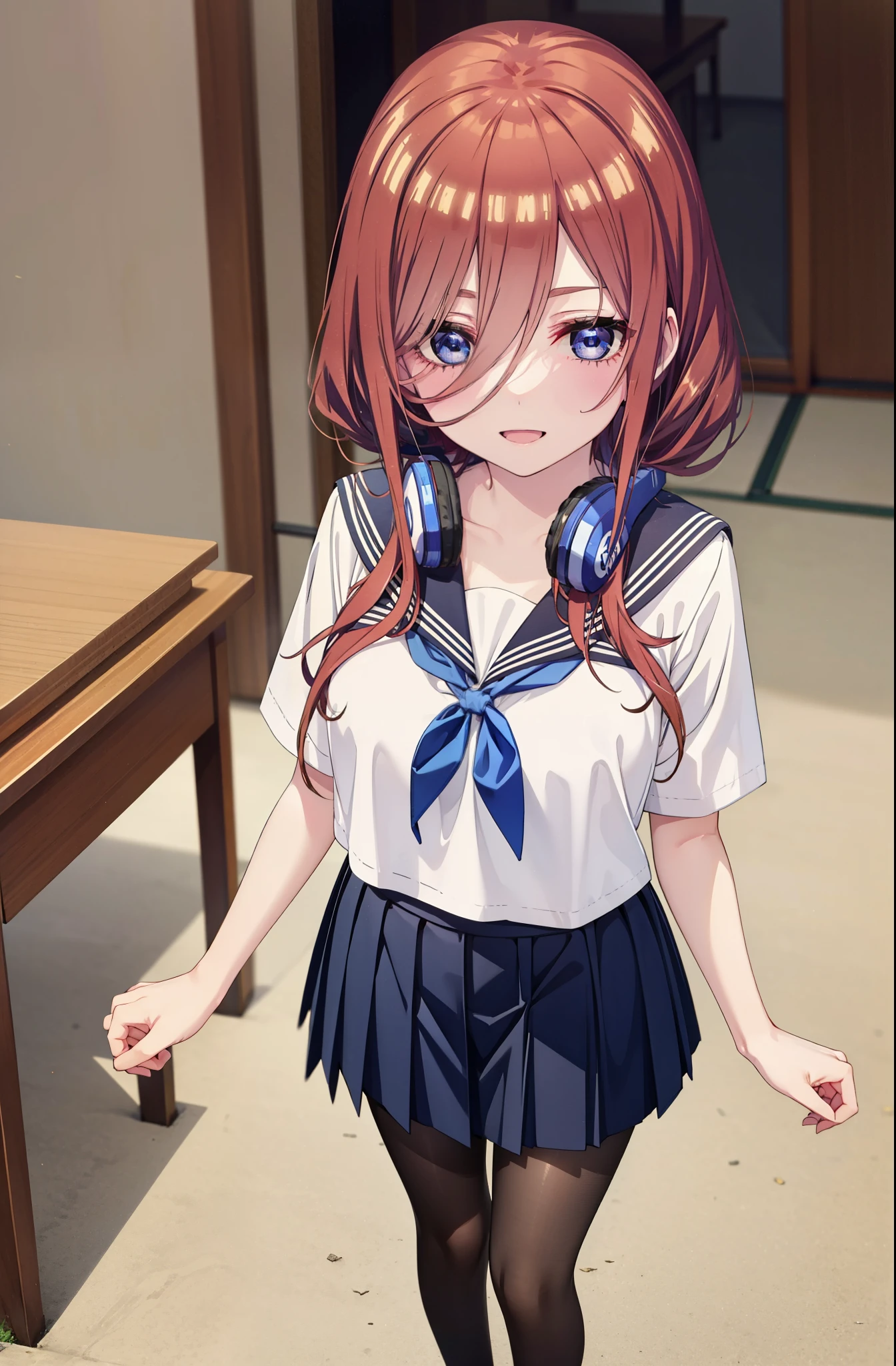 Mikunakano, Miku Nakano, Long Hair, bangs, blue eyes, Brown Hair, shirt, Hair between the eyes, Headphones around neck,smile、happy smile, smile, Open your mouth,Big Breasts,Japanese schoolgirl(Sailor suit),Short sleeve,Black pleated skirt,Black pantyhose,Brown Loafers,Daytime,Clear skies,whole bodyがイラストに入るように,Looking down from above,
break indoors, School,Big Breasts,
break looking at viewer, whole body,
break (masterpiece:1.2), highest quality, High resolution, unity 8k wallpaper, (shape:0.8), (Beautiful details:1.6), Highly detailed face, Perfect lighting, Extremely detailed CG, (Perfect hands, Perfect Anatomy),