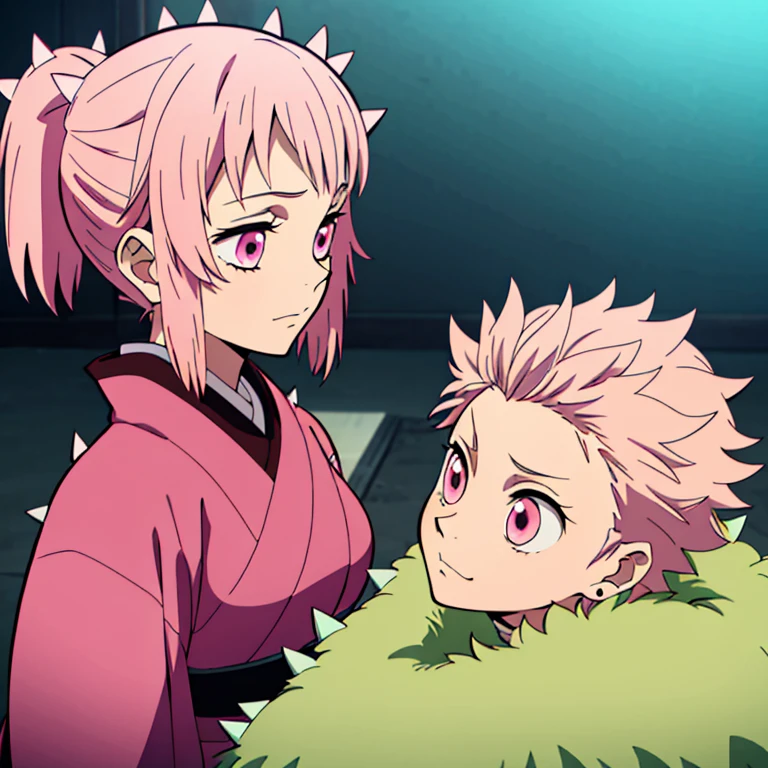 A Russian girl named Lilian, she’s a non-canon character Demon slayer, she has pink eyes, ((((short spiky split colored hair that is moderate pink on the right side and dark brown on the right side)))), her skin is dark tan, not pale or too dark, she wears a demon slayer kimono that is pink, yellow, lime green with a Russian sun symbol and Russian dolls. She is 19 years old, but appears younger