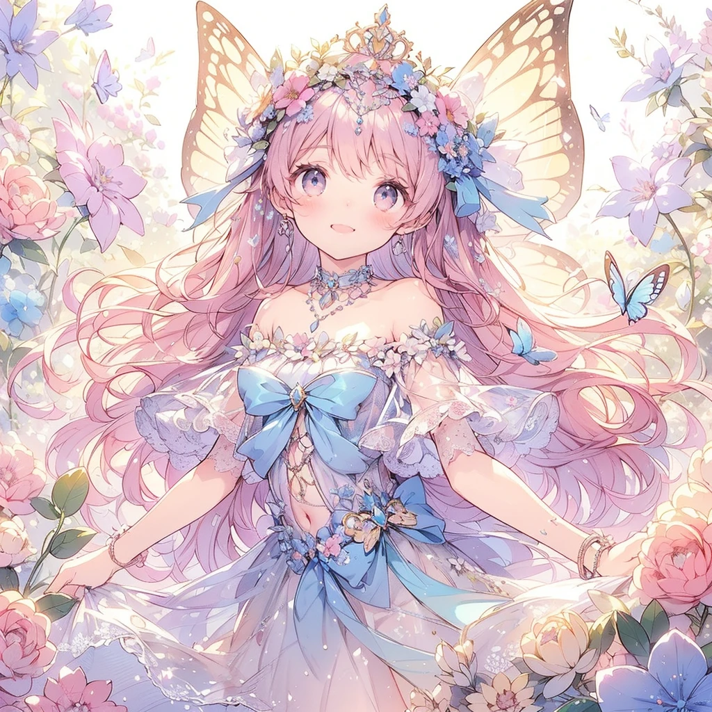 (Exquisite, beautiful, Very detailed, masterpiece, High resolution,high quality,High resolution),(Well-formed face,Soft and thin lines: 1.2, beautiful, Delicate and vivid illustrations with a mature and clear feel), A fairy princess with butterfly-like wings is walking with a smile in a gorgeous garden filled with flowers.,whole body,Princess's Castle,flower,flower petals,(Transparent fairy wings grow from your back), (Dazzling Smile), (tiara, Earrings, choker), Ball Gown Dress,Ribbons, lace and frills, (Pale pink blush, Plump pink lips,Large Bust,Fair skin, Good style),Bright colors,Eye-catching colors,Dynamic Angles