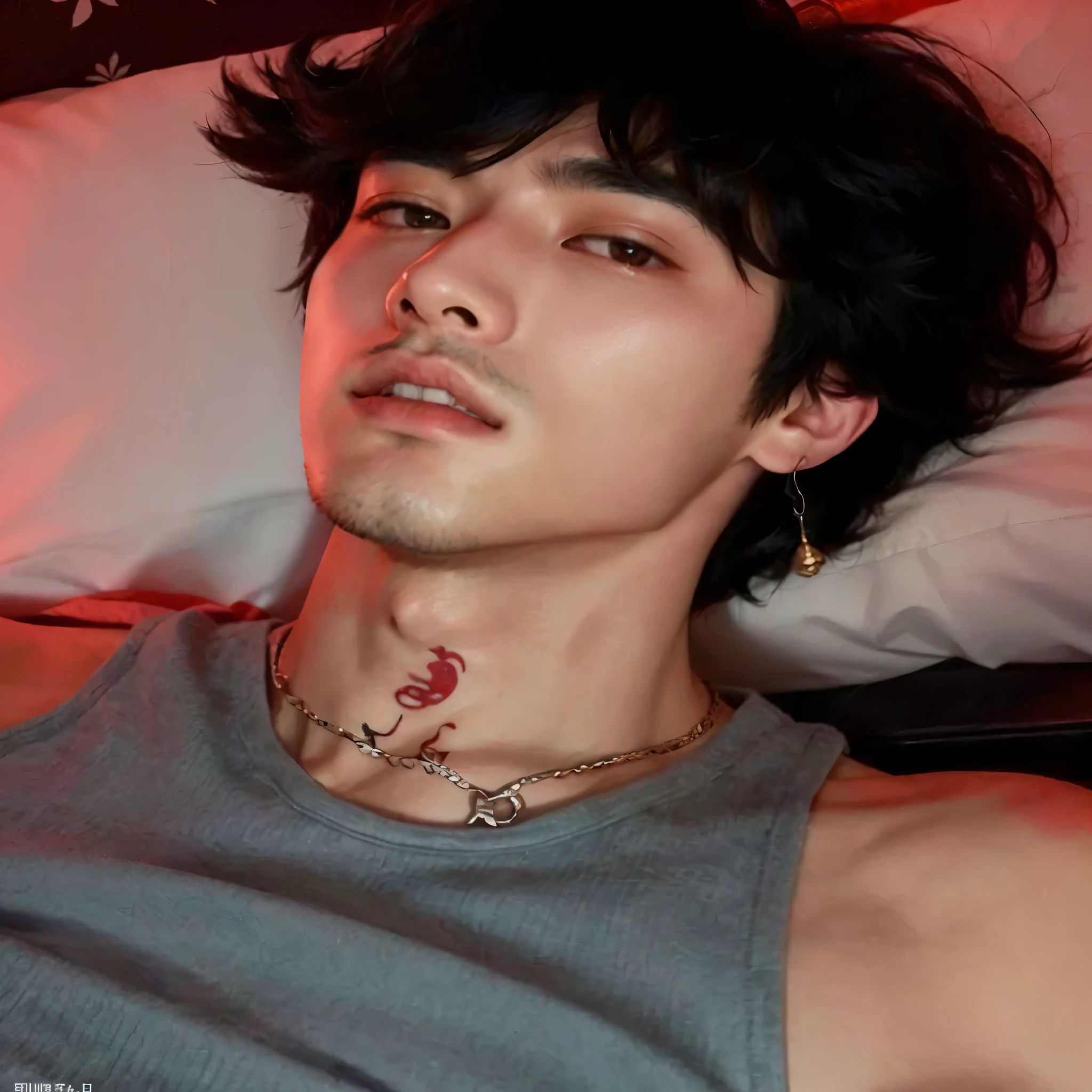 Hombre arafed acostado en la cama con un tatuaje en el pecho., cai xukun, cuello atractivo, Guapo Chad Chin, handsome japanese demon boy, yanjun chengt, steven jung, jinyoung shin, kim doyoung, Won Bin Lee, pintar ulzzang, hyung tae, kim taejin, Inspirado por Zhang Han, inspirado en Bian Shoumin