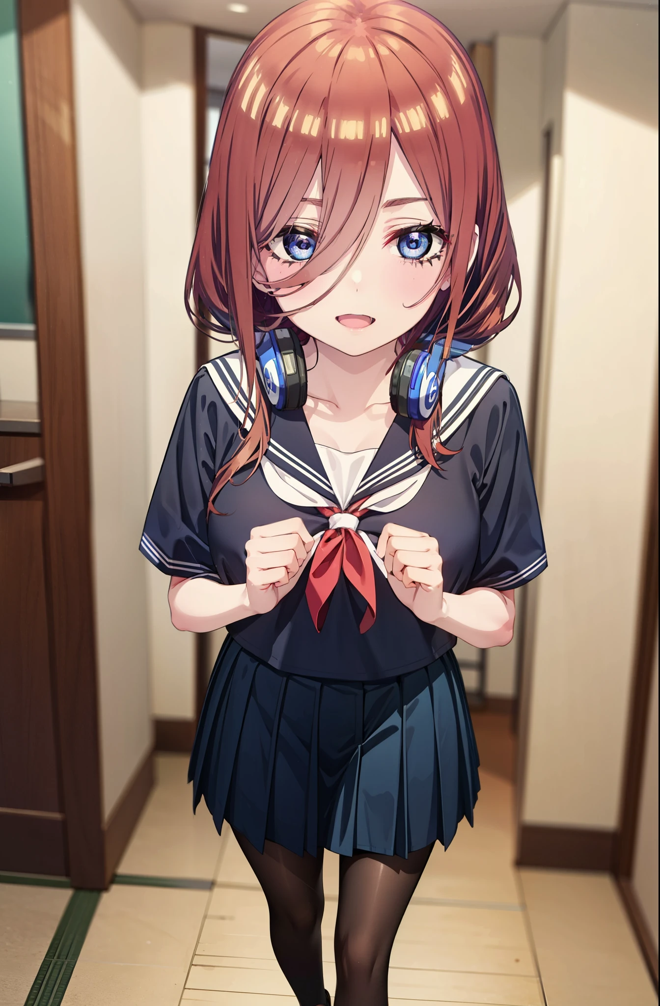 Mikunakano, Miku Nakano, Long Hair, bangs, blue eyes, Brown Hair, shirt, Hair between the eyes, Headphones around neck,smile、happy smile, smile, Open your mouth,Big Breasts,Japanese girl(Sailor suit),Short sleeve,Black pleated skirt,Black pantyhose,Brown Loafers,Daytime,Clear skies,whole bodyがイラストに入るように,Looking down from above,
break indoors, School,Big Breasts,
break looking at viewer, whole body,
break (masterpiece:1.2), highest quality, High resolution, unity 8k wallpaper, (shape:0.8), (Beautiful details:1.6), Highly detailed face, Perfect lighting, Extremely detailed CG, (Perfect hands, Perfect Anatomy),