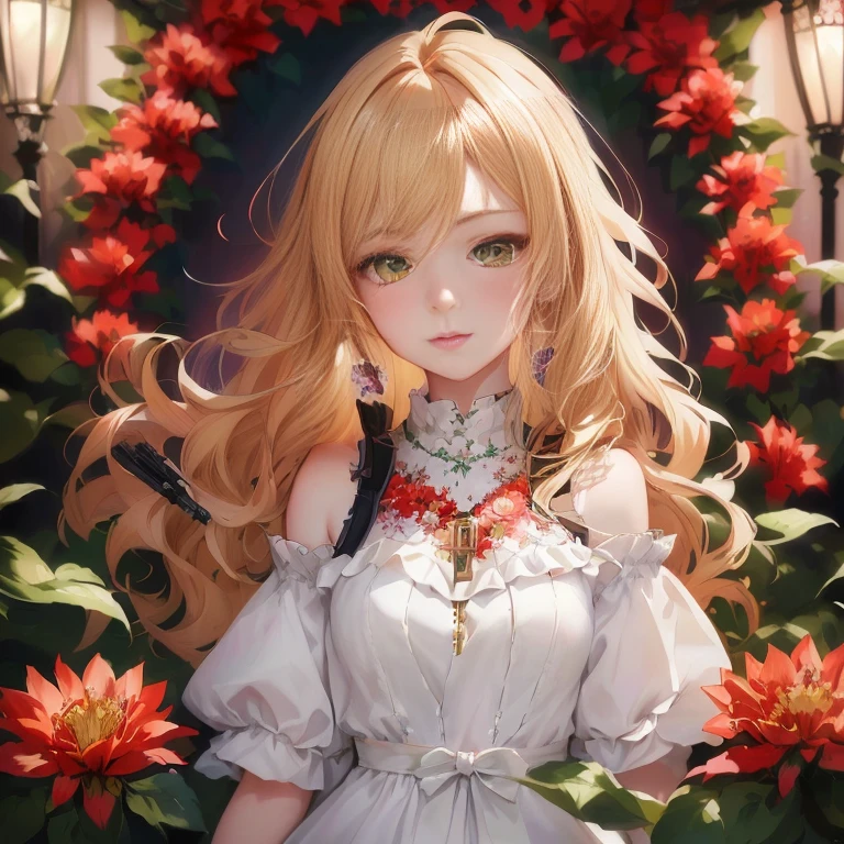 anime girl with long blonde hair and green eyes standing in front of red flowers, beautiful anime portrait, detailed digital anime art, detailed portrait of anime girl, beautiful anime girl, cushart krenz key art feminine, blonde anime girl with long hair, cute anime girl portrait, detailed key anime art, portrait anime girl, cute anime waifu in a nice dress