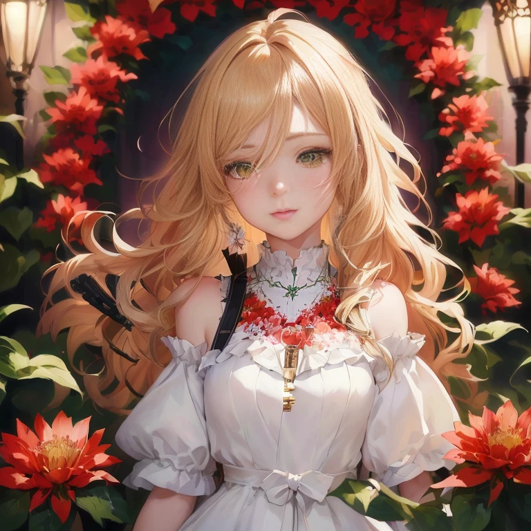 anime girl with long blonde hair and green eyes standing in front of red flowers, beautiful anime portrait, detailed digital anime art, detailed portrait of anime girl, beautiful anime girl, cushart krenz key art feminine, blonde anime girl with long hair, cute anime girl portrait, detailed key anime art, portrait anime girl, cute anime waifu in a nice dress