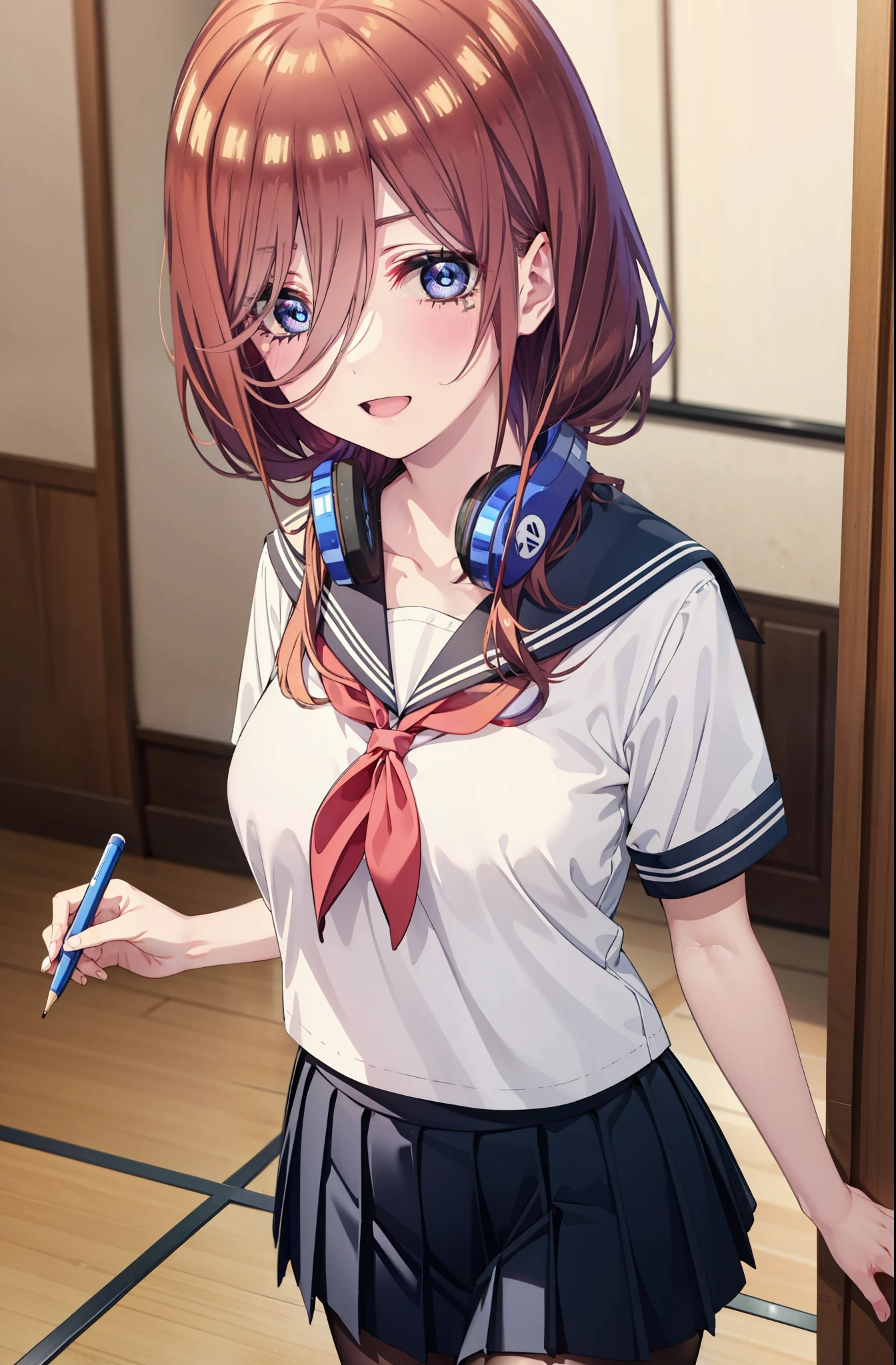 Mikunakano, Miku Nakano, Long Hair, bangs, blue eyes, Brown Hair, shirt, Hair between the eyes, Headphones around neck,smile、happy smile, smile, Open your mouth,Big Breasts,Japanese schoolgirl(Sailor suit),Short sleeve,Black pleated skirt,Black pantyhose,Brown Loafers,Daytime,Clear skies,whole bodyがイラストに入るように,Looking down from above,
break indoors, School,Big Breasts,
break looking at viewer, whole body,
break (masterpiece:1.2), highest quality, High resolution, unity 8k wallpaper, (shape:0.8), (Beautiful details:1.6), Highly detailed face, Perfect lighting, Extremely detailed CG, (Perfect hands, Perfect Anatomy),