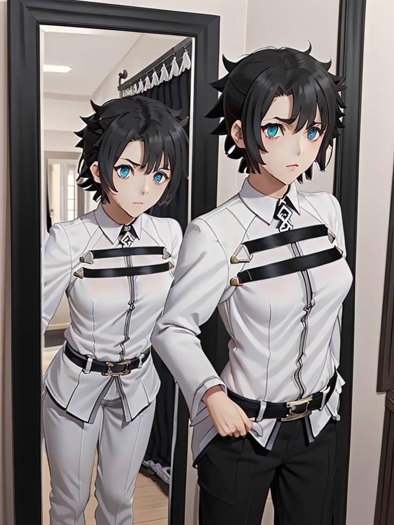 gran calidad ++ Extremely detailed high resolusionolution, very aesthetic, ojos expresivos, (((Cara perfecta))), (((face symmetrical))), ((good anatomy)), (((manos perfectas))), (((8k))), UHD, Fondo de pantalla HD, (((alta calidra detallada, (((((1girl)))))), solamente, Obra maestra, La mejor calidad, high resolusion, Altamente detallado, (illustration), hermosos ojos detallados, (((combatant))), (((fate grand order))), (((((1person))))), ((((full body)))), ((((dressing room)))), (((((malefujimaru))))), ((mirror))), ((((((Black hair)))))), chaldea uniform, long sleeves, pants, belt,