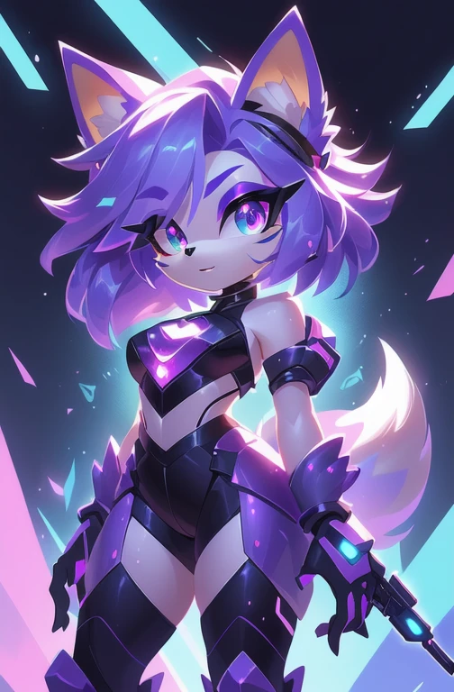 uma imagem de desenho animado de uma mulher com cabelo roxo e uma arma, kda, advanced digital chibi art, commission for high resolution, fanart oficial, arte oficial do personagem, arte inicial do personagem, arte oficial, por Shitao, arte oficial hdr, an anthropomorphic cyberpunk fox, linda garota ciborgue, sonic oc, fanart detalhada, arte do jogo!!, CO Commission
