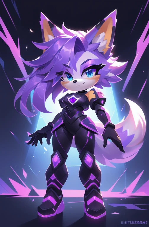 uma imagem de desenho animado de uma mulher com cabelo roxo e uma arma, kda, advanced digital chibi art, commission for high resolution, fanart oficial, arte oficial do personagem, arte inicial do personagem, arte oficial, por Shitao, arte oficial hdr, an anthropomorphic cyberpunk fox, linda garota ciborgue, sonic oc, fanart detalhada, arte do jogo!!, CO Commission
