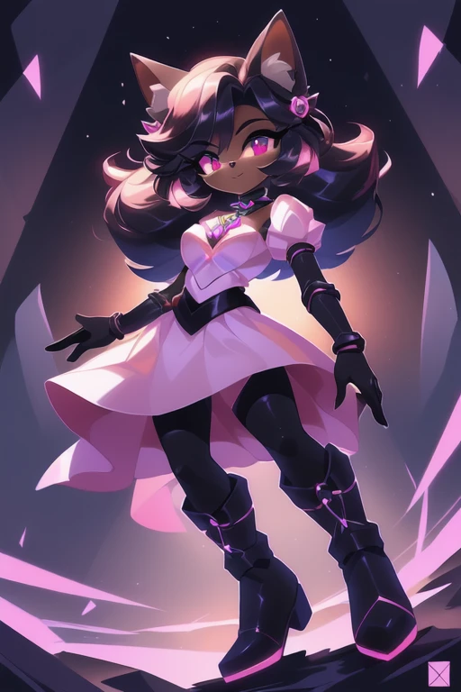 um desenho animado de um gato rosa e preto com uma corrente em volta.fundo rosa e preto manchado .cores preto e rosa ,roupa linda de lutar ,botas lindas , pulseiras com espinho ,cabelo longo . corpo todo ,