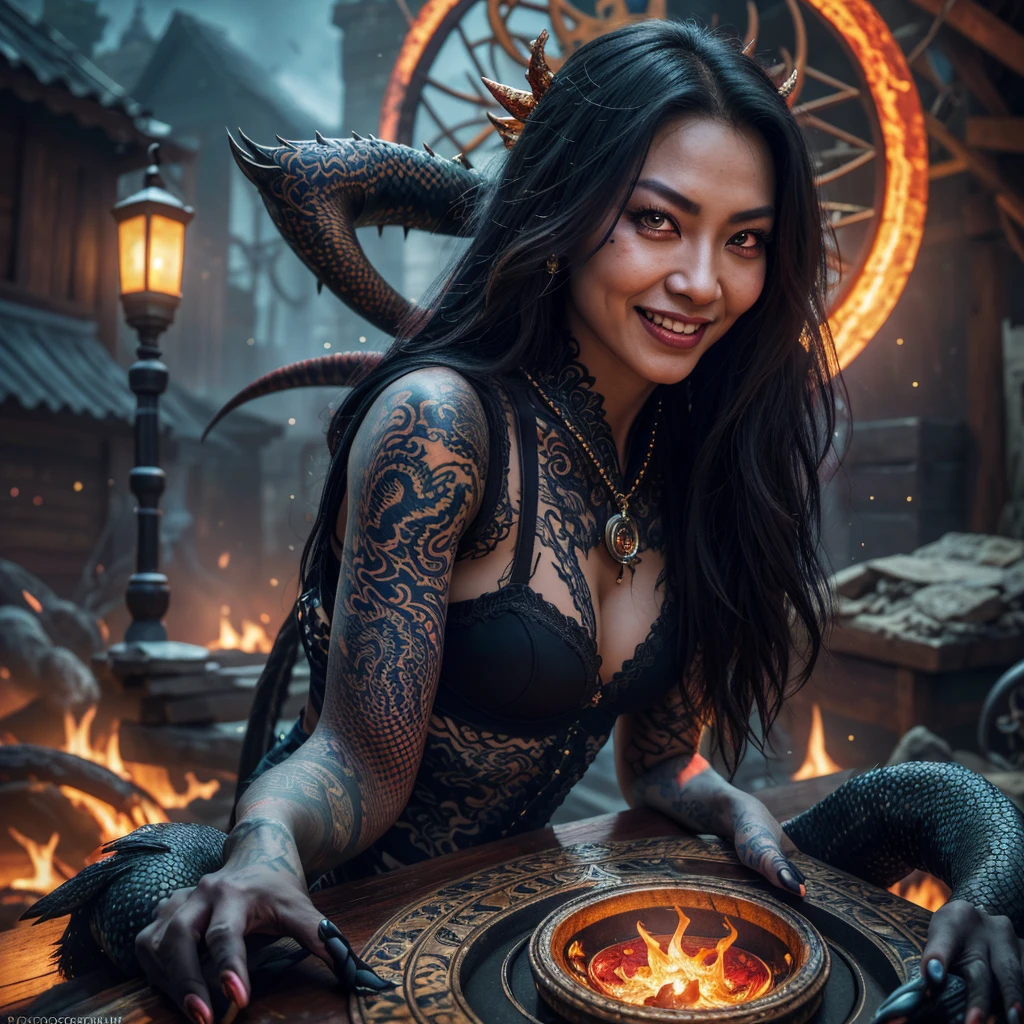 A witchy Asian spirit, Malaysian woman, age 25, ankle length hair, extensive tattoos ( dragon motif), evil body jewelry, unclad (very sexy and revealing but still enough is covered to be SFW) , glowing eyes, and a unholy aura, she is laughing cruelly, she floats above a corrupt magic circle in a medieval European village, black serpentine Asian drakes slither around the edges of the scene(almost out of sight, almost out of reach). (best quality, 4k, highres, masterpiece:1.2), ultra-detailed, (realistic, photorealistic, photo-realistic:1.37), HDR, UHD, studio lighting, ultra-fine painting, sharp focus, physically-based rendering, extreme detail description, professional, vivid colors, bokeh, portraits, landscape, horror, anime, sci-fi, photography, concept artists, vibrant colors, soft lighting. Set in a medieval European village