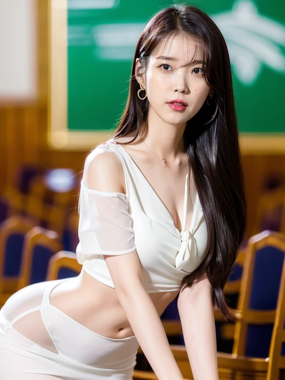 (tmasterpiece, Best quality: 1.2), Lee Ji Eun (IU),(The face is very delicate, Authentic images, Realistic skin, Realistic body, Complicated details), red eyes (Threatening expression), light blush, small perky breasts, hyperrealistic, cinematic photo, girl, pale skin, Korean amazing slim body, ((White cropped blouse with tie)), black velvet trousers, black shoes, long brown hair, holding a candle, perfect slender legs, wide hips, perfect hands, beautiful face, perfect face, youthful, (blured background), modern style, from below, (low-angle shoot), low_angle_human, towering, (full body shot), standing, underneath shot, (view viewer), looking at viewer,(8k, epic composition, photorealistic, sharp focus), detailed background, ((empty classroom)), (a summoning circle glowing), DSLR, foil grain, window light, Lee Ji Eun (NSFW: 1.5)