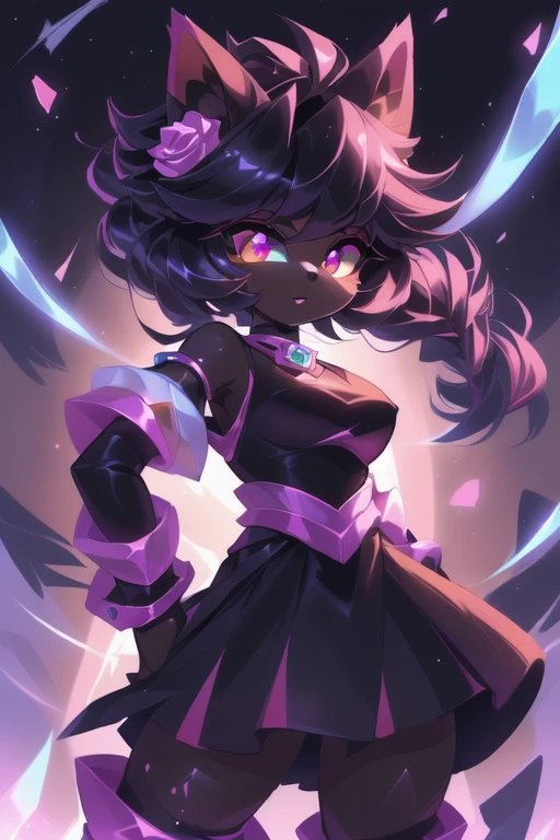 um desenho animado de um gato rosa e preto com uma corrente em volta.fundo rosa e preto manchado .cores preto e rosa ,roupa linda de lutar ,botas lindas , pulseiras com espinho ,cabelo longo . corpo todo ,