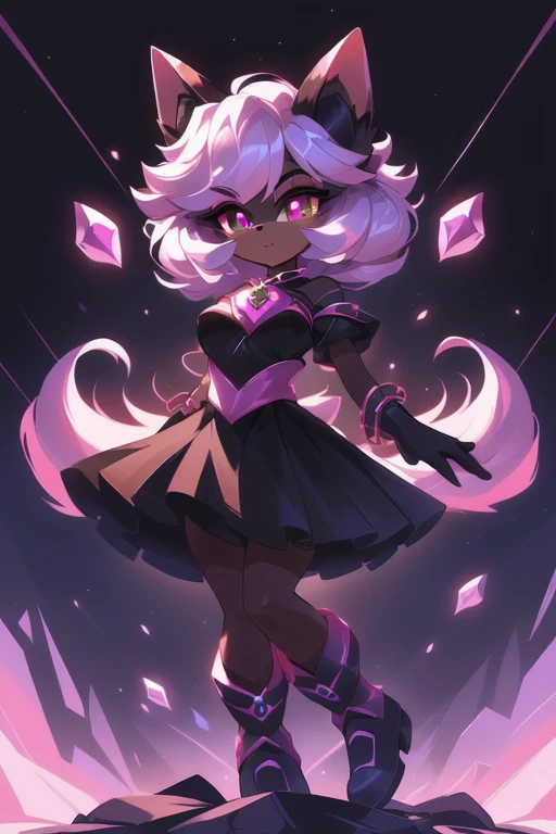 um desenho animado de um gato rosa e preto com uma corrente em volta.fundo rosa e preto manchado .cores preto e rosa ,roupa linda de lutar ,botas lindas , pulseiras com espinho ,cabelo longo . corpo todo ,