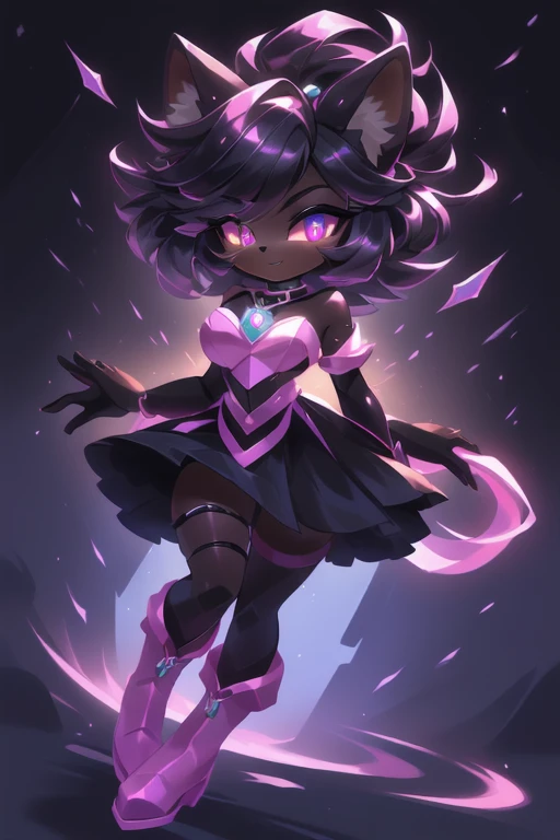 um desenho animado de um gato rosa e preto com uma corrente em volta.fundo rosa e preto manchado .cores preto e rosa ,roupa linda de lutar ,botas lindas , pulseiras com espinho ,cabelo longo . corpo todo ,