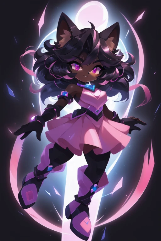 um desenho animado de um gato rosa e preto com uma corrente em volta.fundo rosa e preto manchado .cores preto e rosa ,roupa linda de lutar ,botas lindas , pulseiras com espinho ,cabelo longo . corpo todo ,