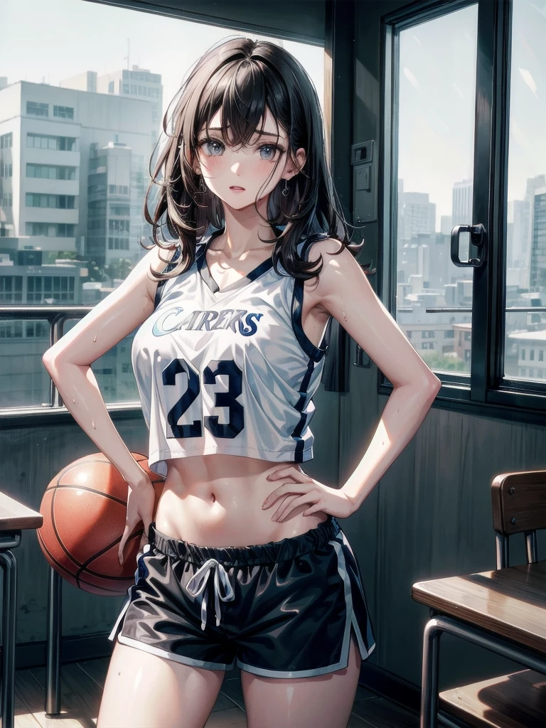 wet, basketball uniform, shorts, midriff, sleeveless, classroom, whole body shot, absurdres, RAW photo, extremely delicate and beautiful, masterpiece, Best Quality, ultra high resolution, 32k, hyperrealistic, ultra-detailed, detailed description, pale skin, 20 years old, tearful mole, earring, big tits, short medium hair, wavy hair, 