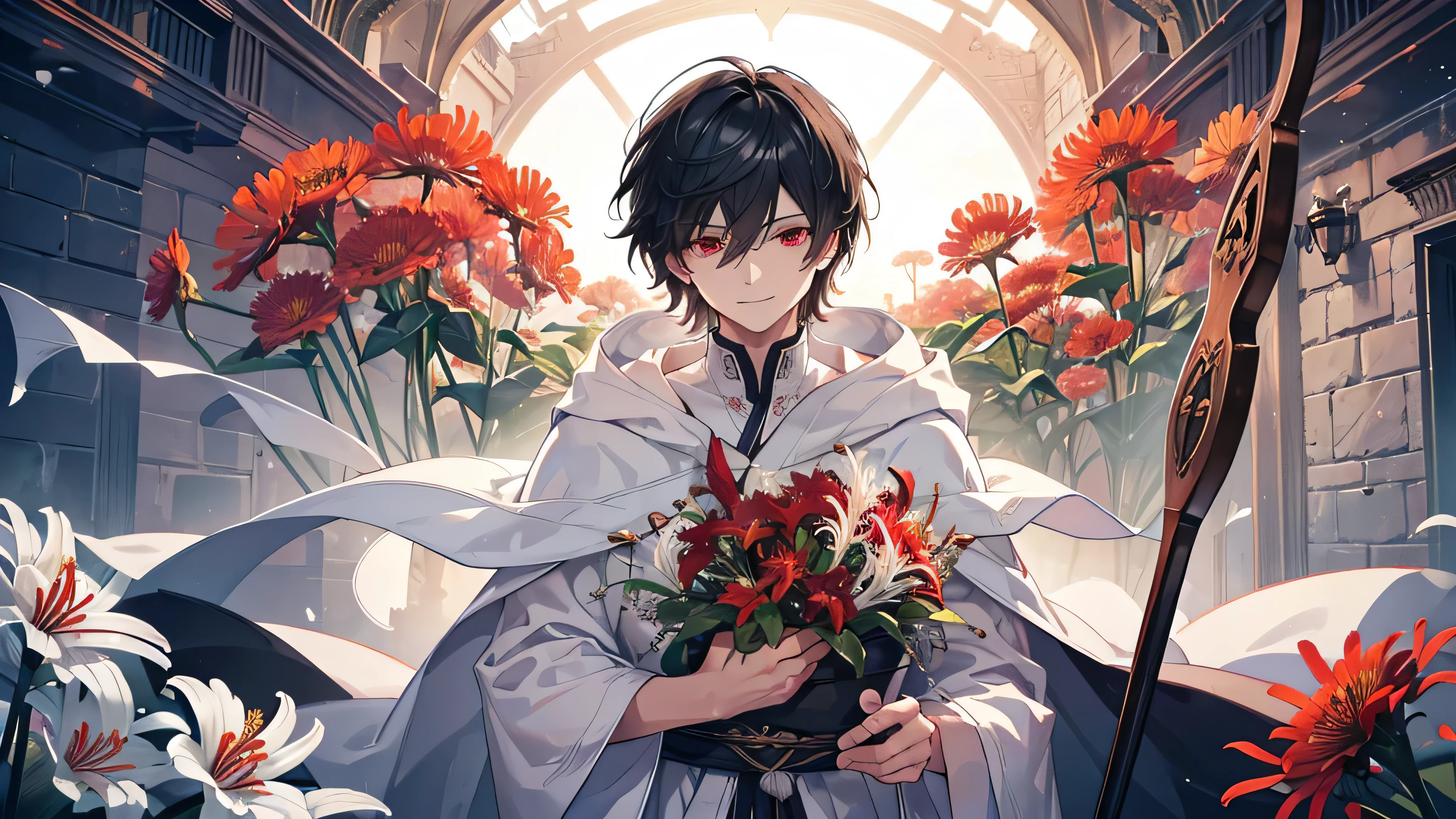 1.5, best quality, high quality, High definition, High quality texture, high detail, beautiful detailed, finely detailed, extremely detailed cg, detailed texture, 1man, boy, male, ((former god of death)), white cloak, white robes, shaggy black hair, red eyes, smiling, gardener, spider lilies, open field of flowers