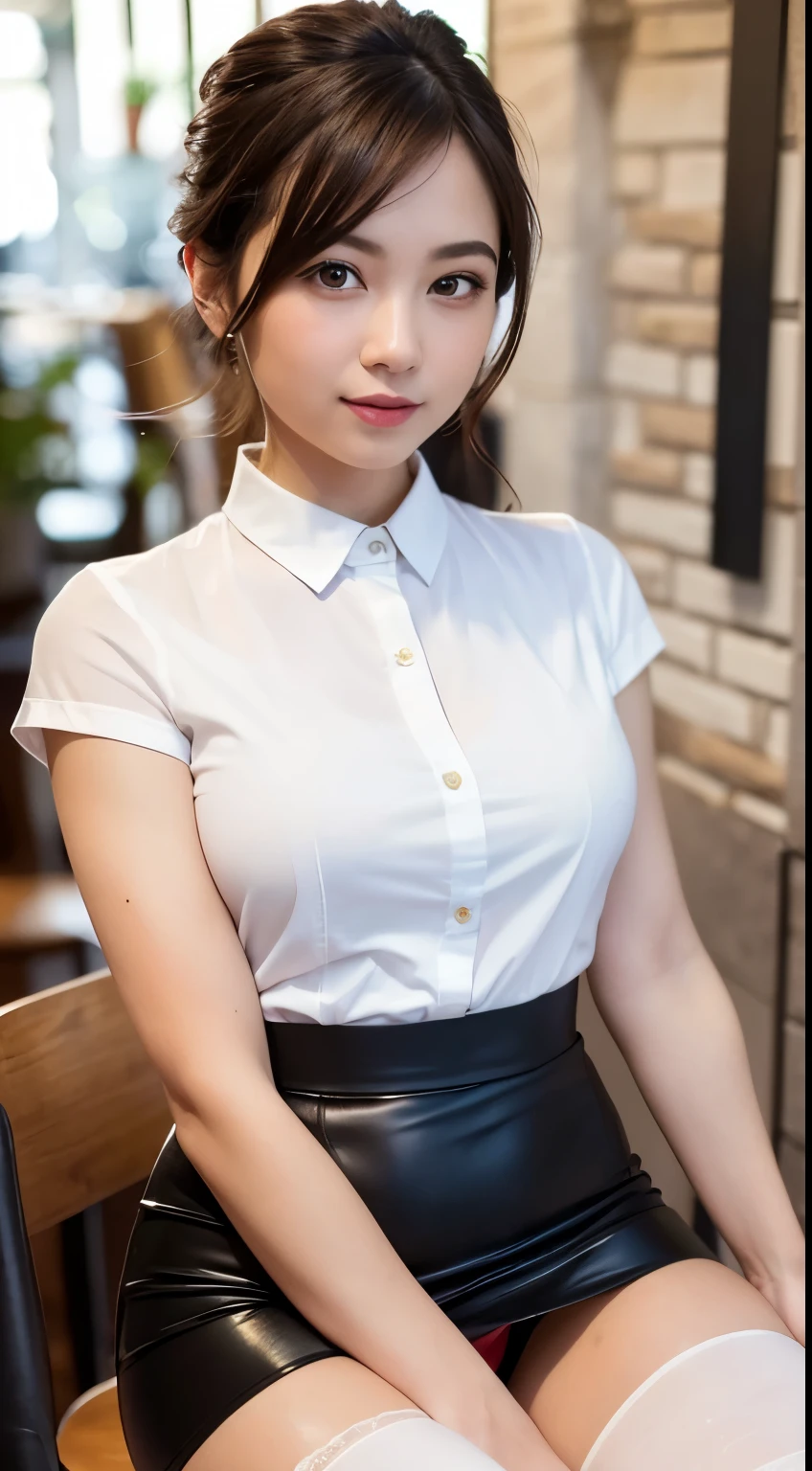 ((best quality, 8K, masterpiece)), ultra-detailed, sharp focus, 1 beautiful woman, updo, (white button shirt), ((tight shirt:1.4)), black tight skirt, highly detailed face and skin texture, ((detailed eyes)), ((beautiful eyes:1.2)), smile, cafe, sitting, latte, ((white panties))