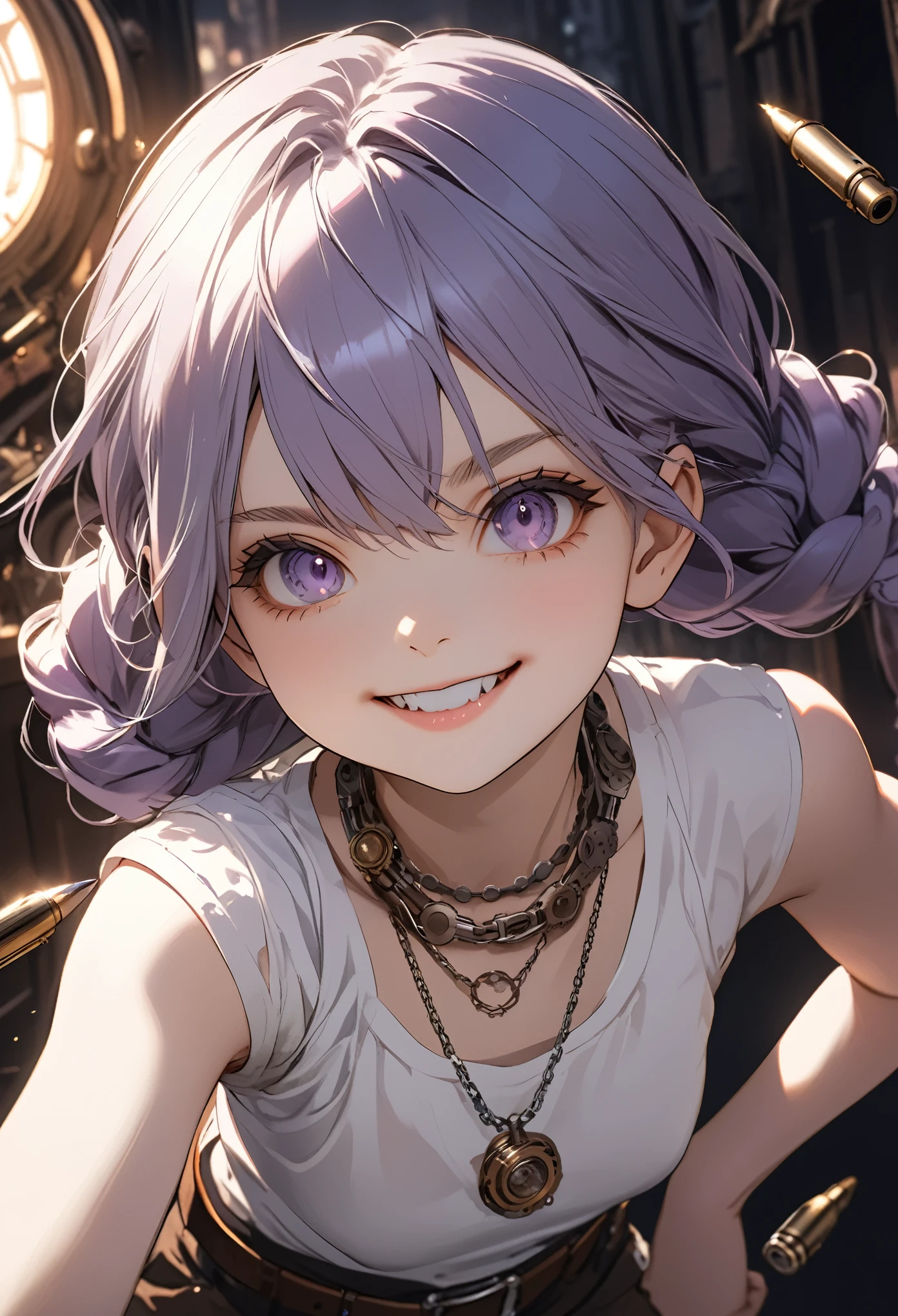 ((Masterpiece)), (highly saturated), (Anime:1.5), ((best quality)), (sketch:0.3), (Professional Photography:1.2), (), ((1girl)), Textured skin, cinematic lighting, intricate details, pale purple hair, cute teenage girl, (evil smile), lower eyelashes, (twin braids), single elbow glove, ragged short shorts, cute white shirt, Thin chain necklace, belt, bullet, upper body, potrait, (cute pose), ((on the steampunk city)),
